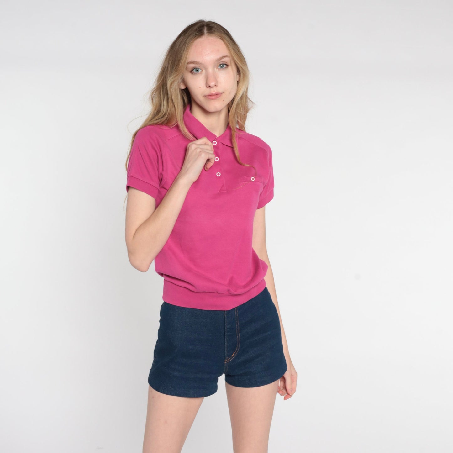 80s Hot Pink Polo Shirt Cropped Short Sleeve Button Up Small