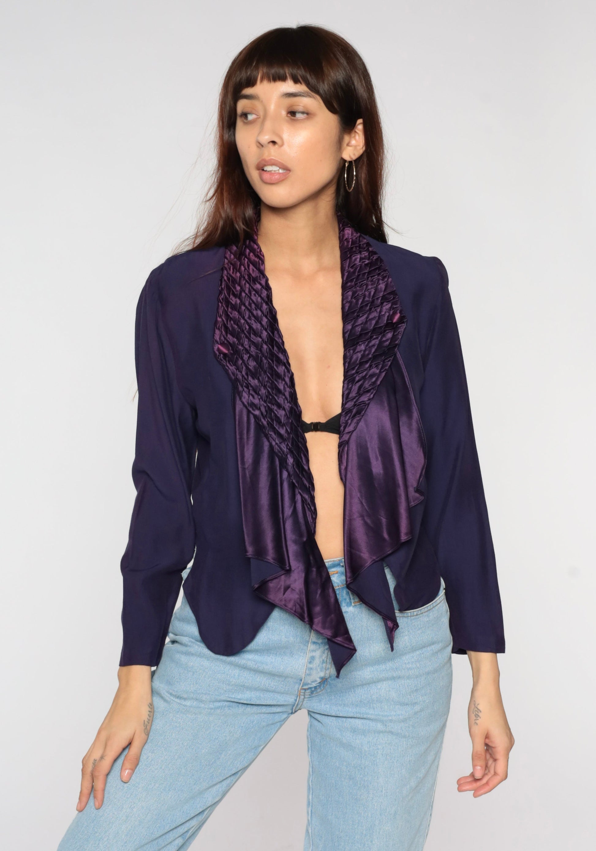 90s Purple Cascade Ruffle Blazer Cropped Jacket Woven Chest Extra Small