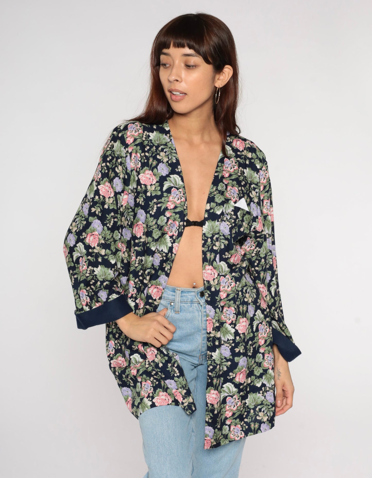 90s Navy Floral Open Front Jacket Rayon Long Sleeve Large L