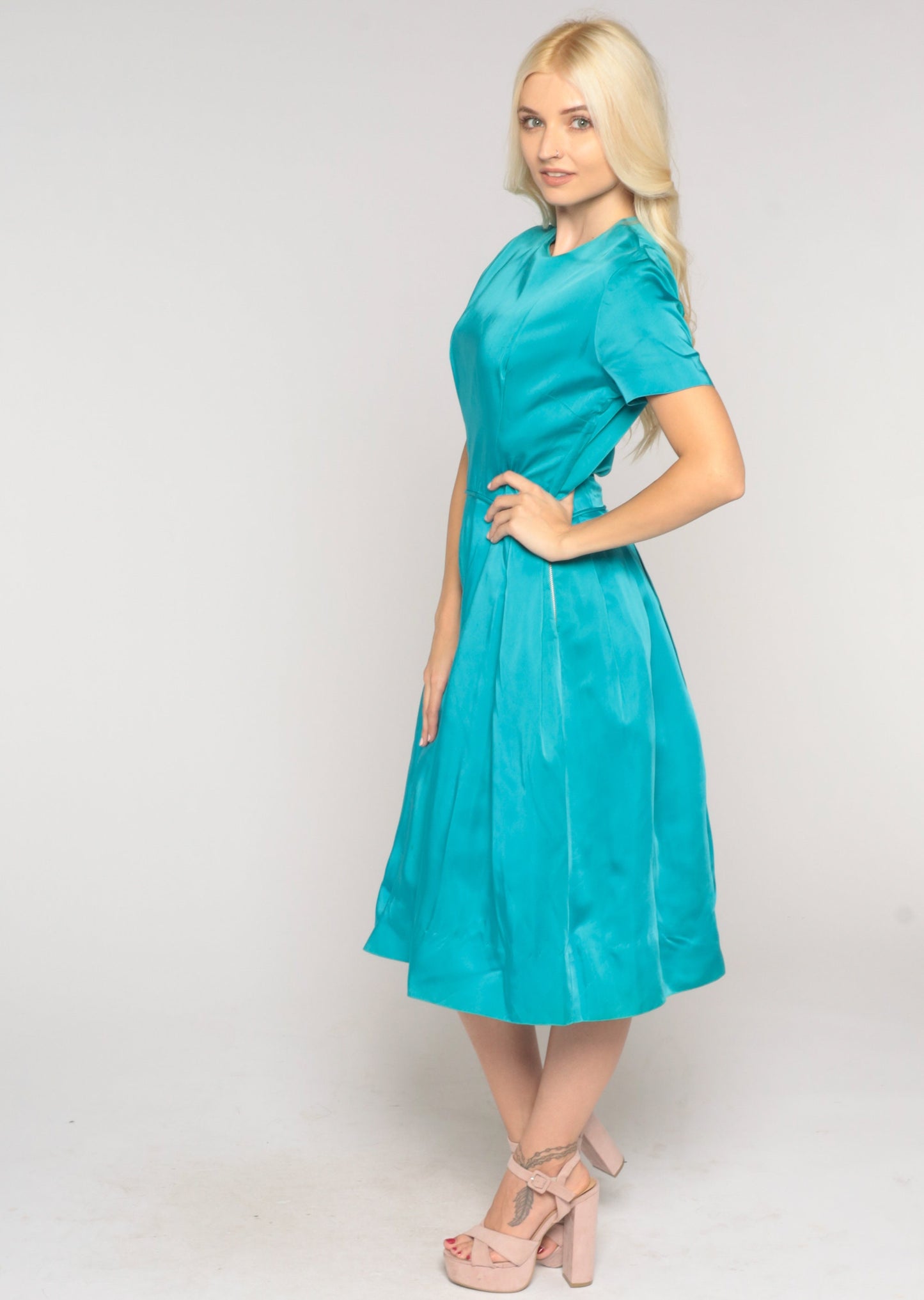 1960s Turquoise Taffeta Party Dress High Waist Side Zip Small S
