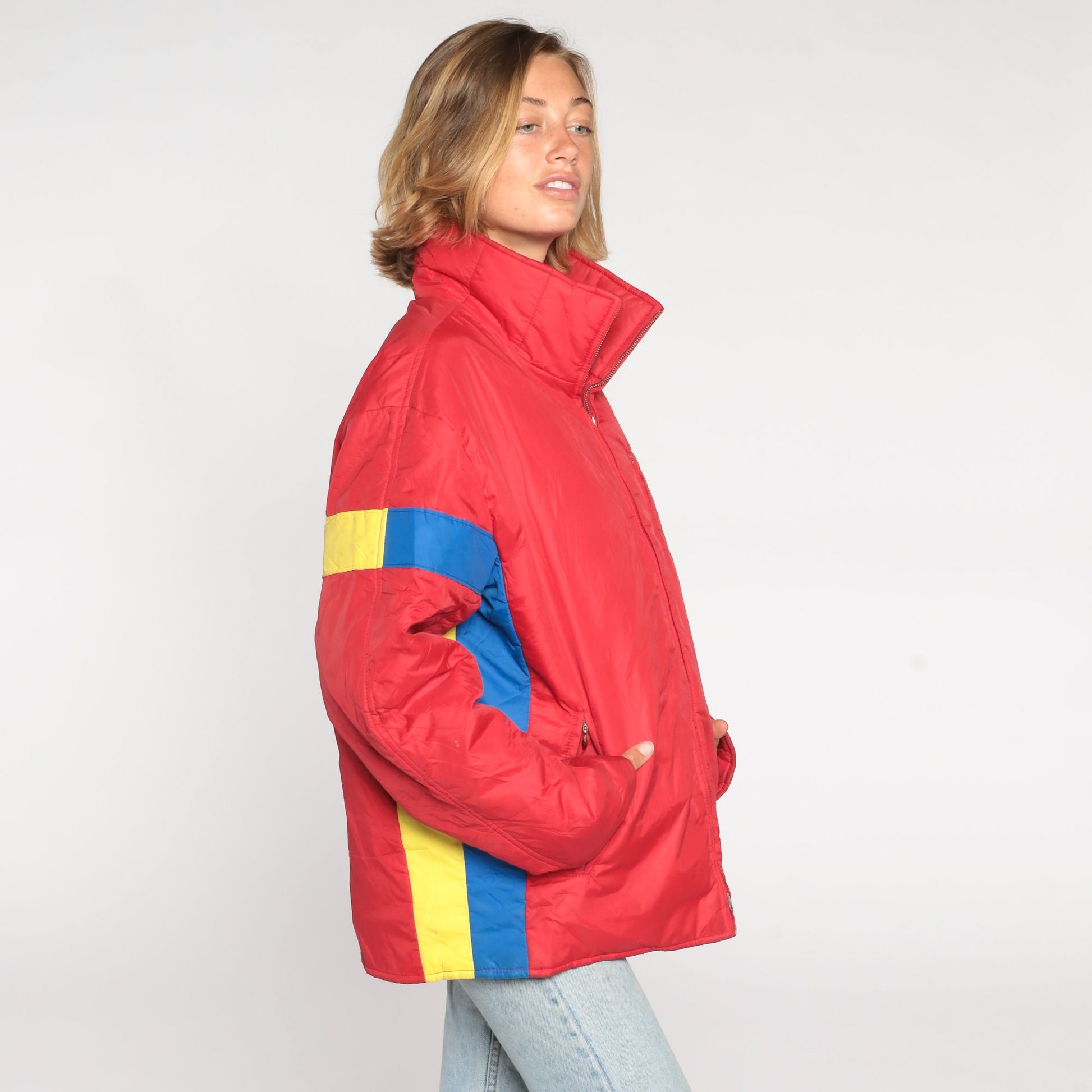 80s Roffe Goose Down Ski Jacket Red Striped Puffer Zip Coat Men's Large