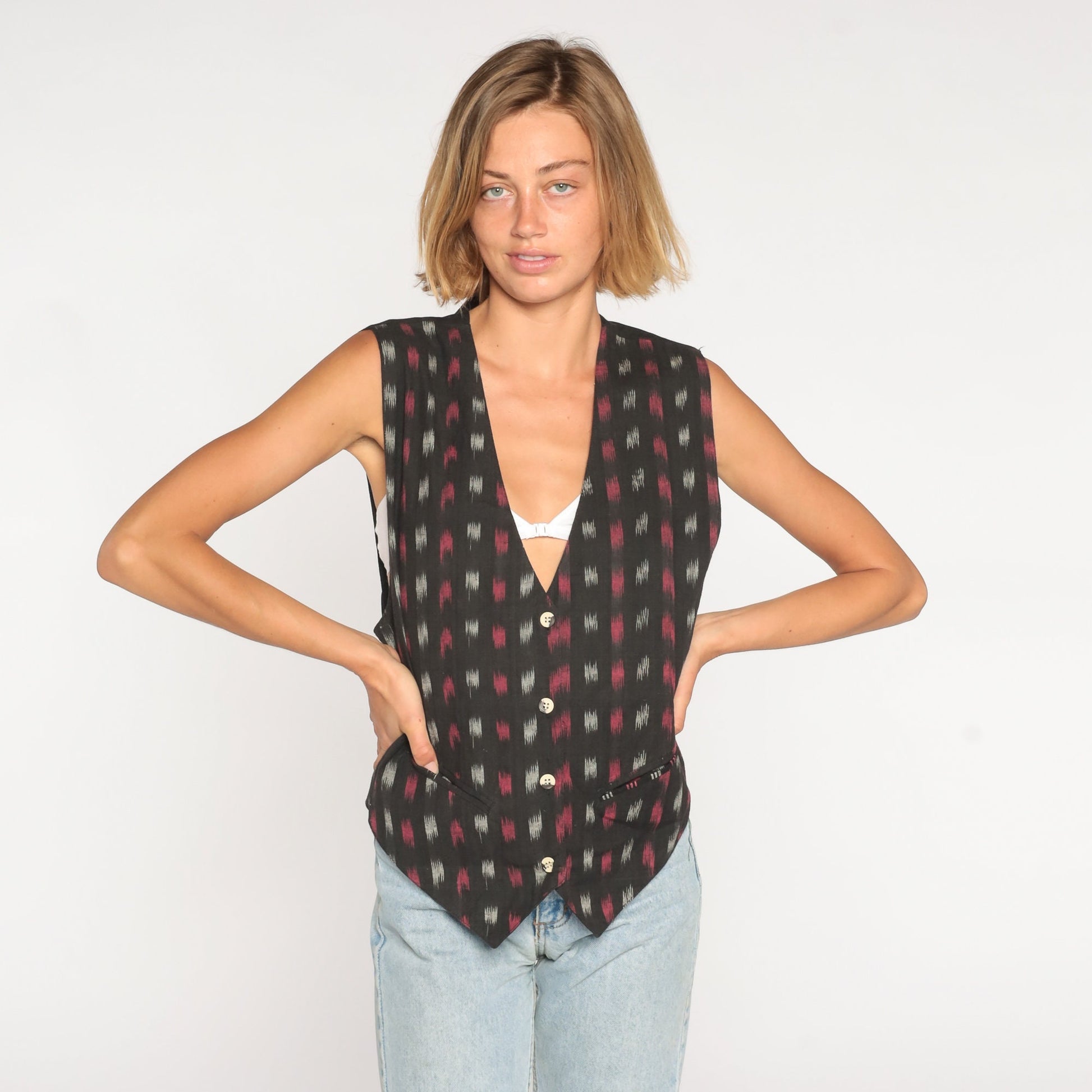 90s Black Ikat Print Button-Up Vest Cotton Sleeveless Medium