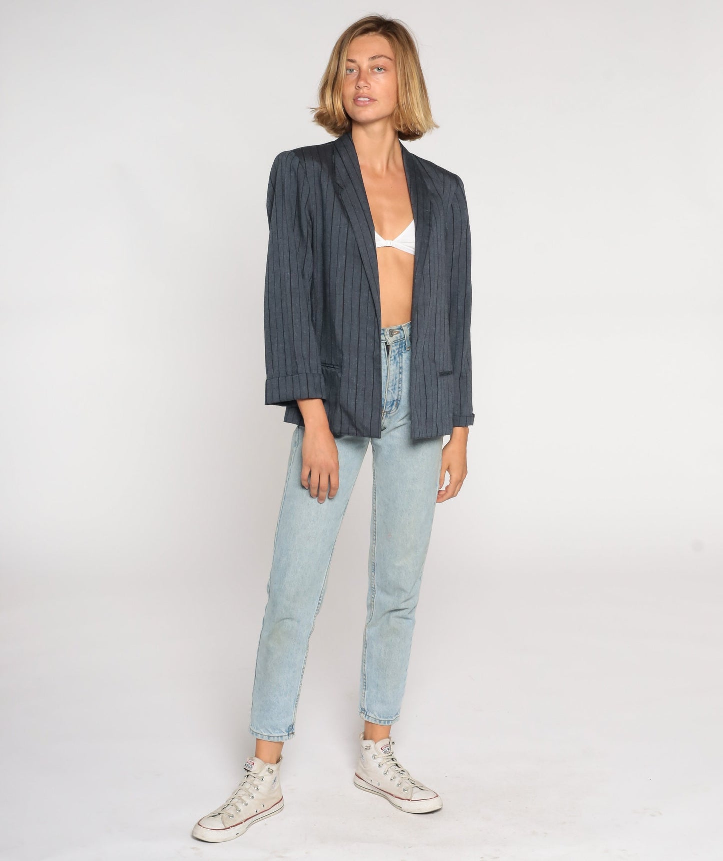 90s Grey Pinstripe Blazer Open Front Jacket Medium
