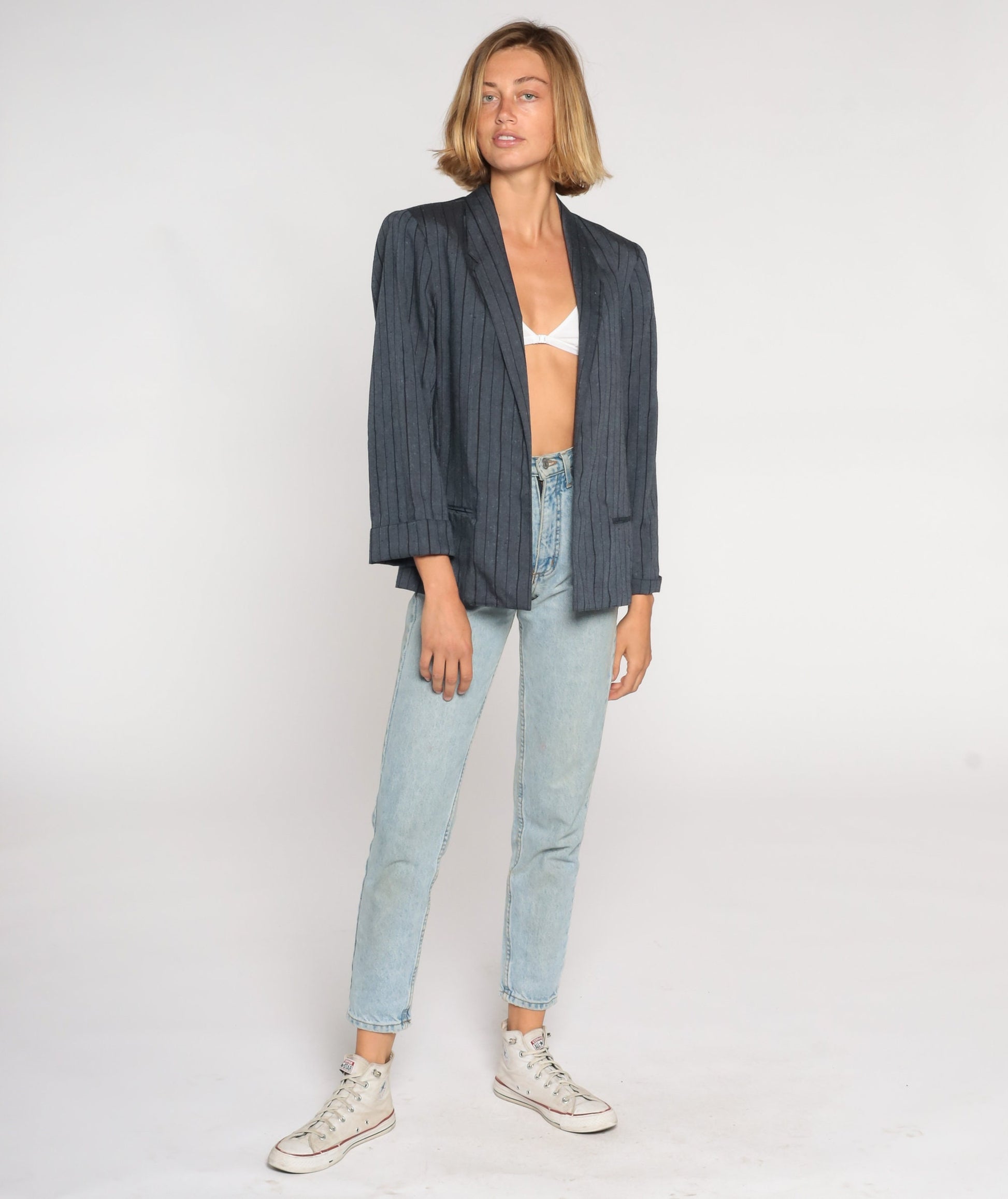 90s Grey Pinstripe Blazer Open Front Jacket Medium