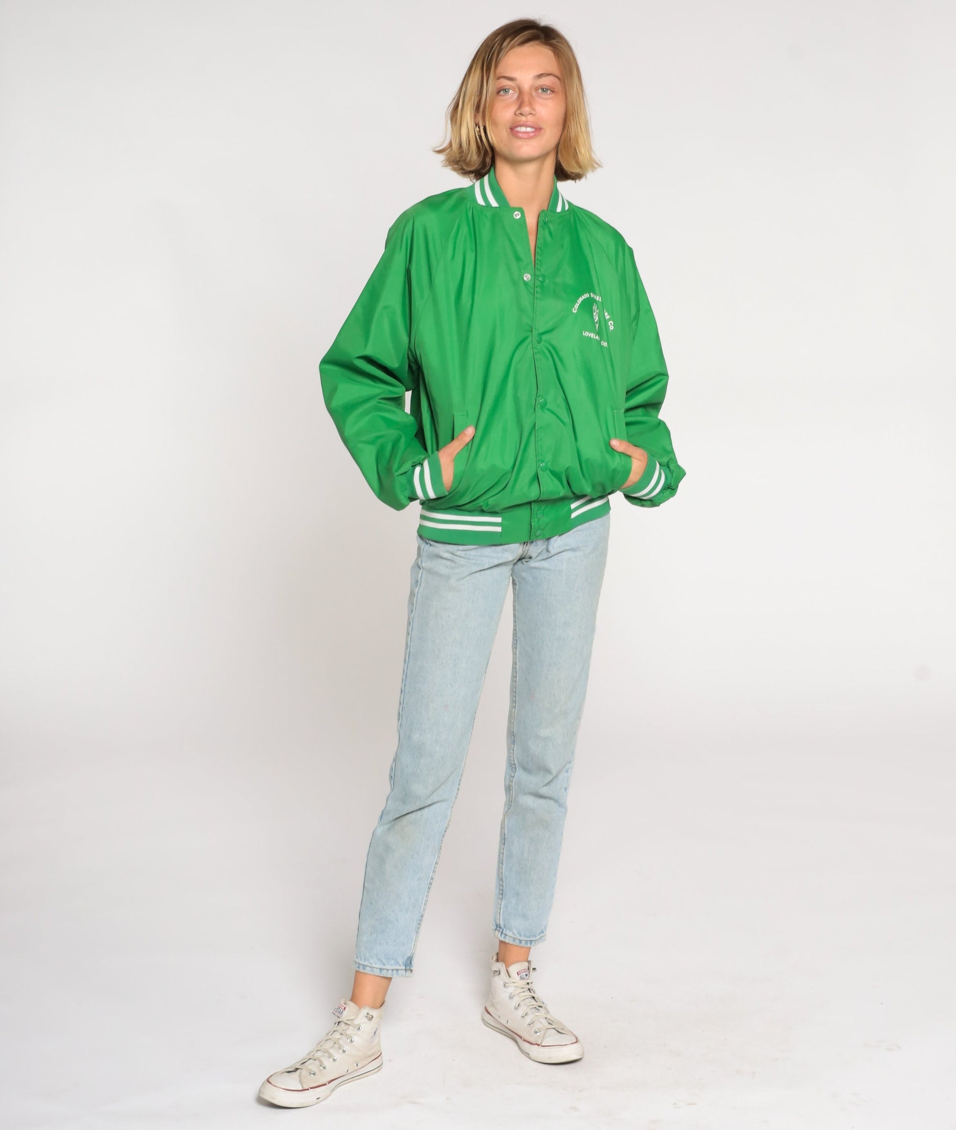 80s Steel & Wire Co Loveland Colorado Bomber Jacket Green Nylon Small