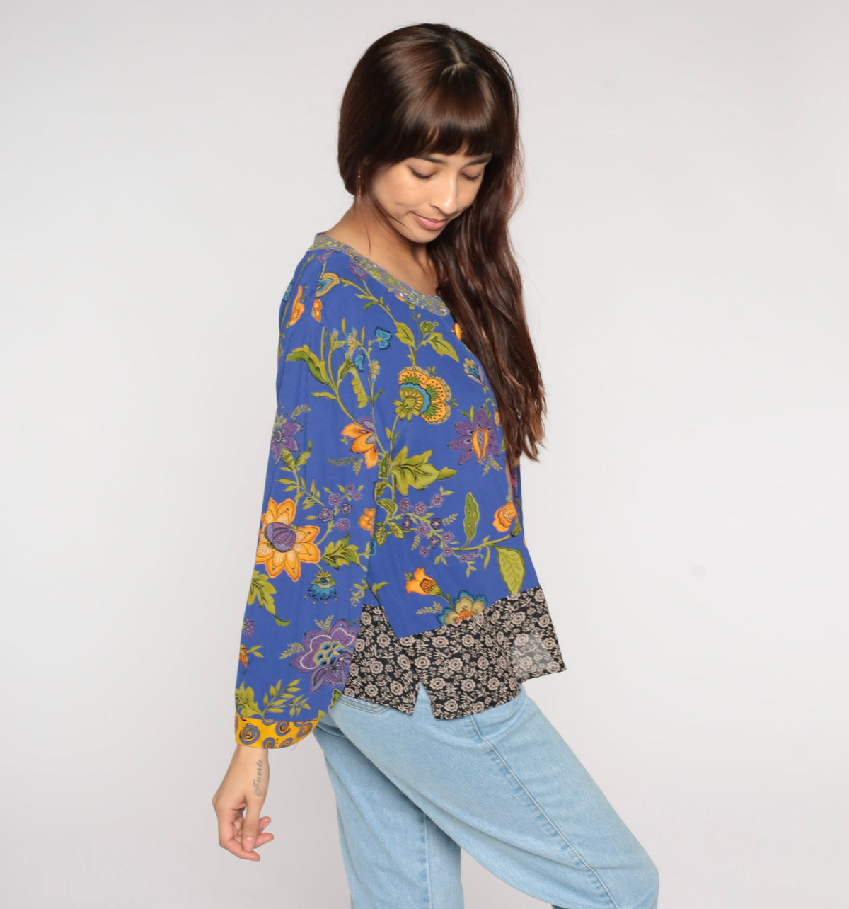 00s Blue Indian Floral Open-Front Jacket Long Sleeve Rayon Medium