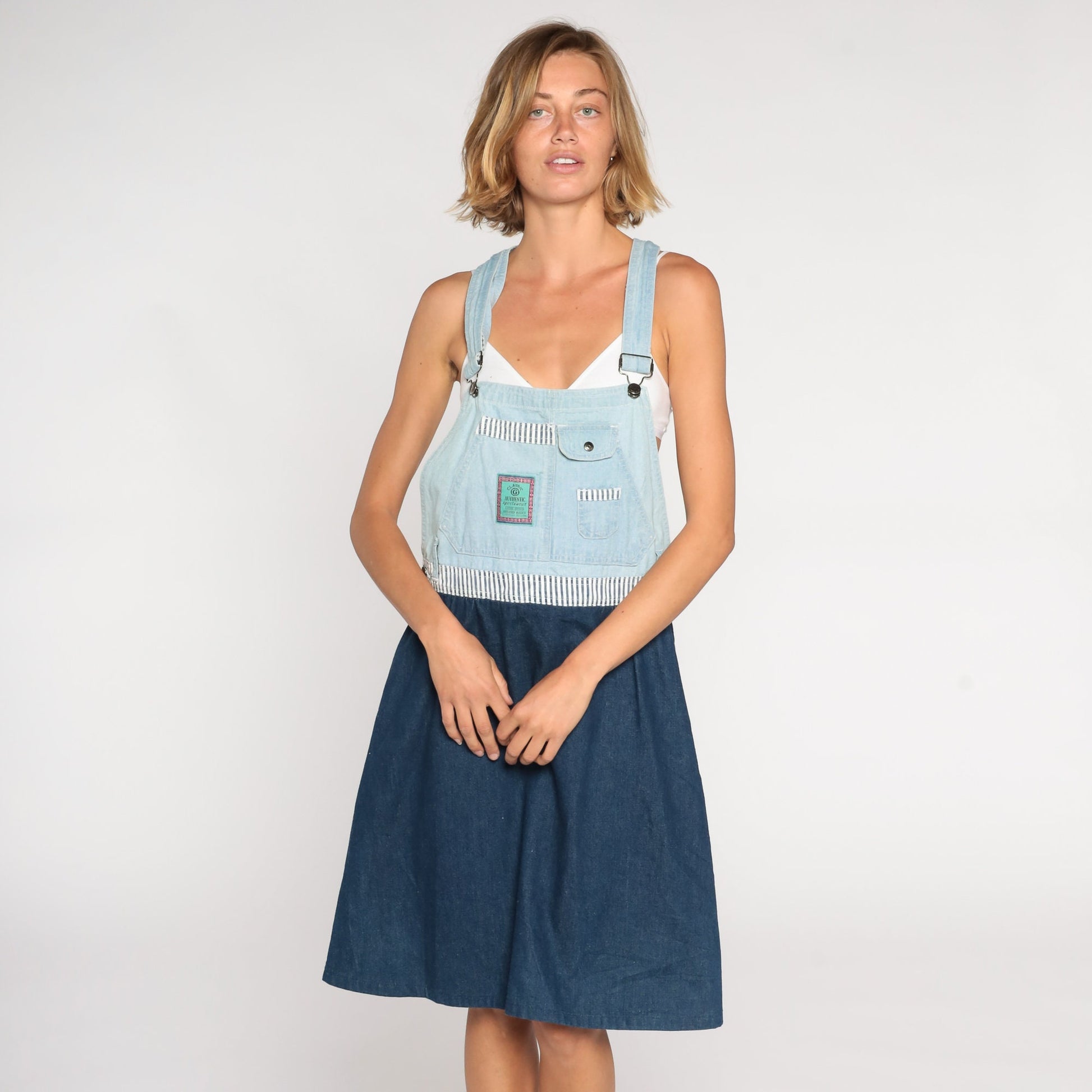 90s Gitano Two-Tone Denim Overall Dress Knee Length Striped Medium M
