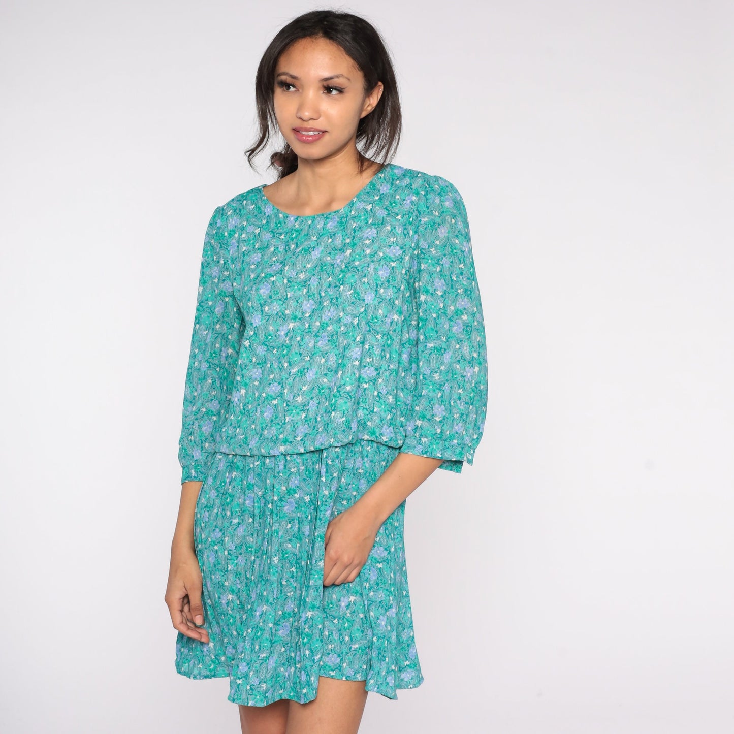 80s Green Paisley Floral Mini Dress High Waist Pleated 3/4 Puff Sleeve Medium
