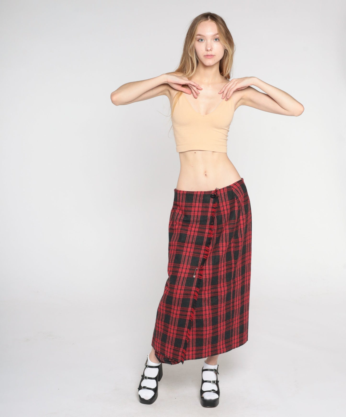 80s Wool Plaid Midi Skirt Red Black Tartan Faux Wrap Button Front Medium