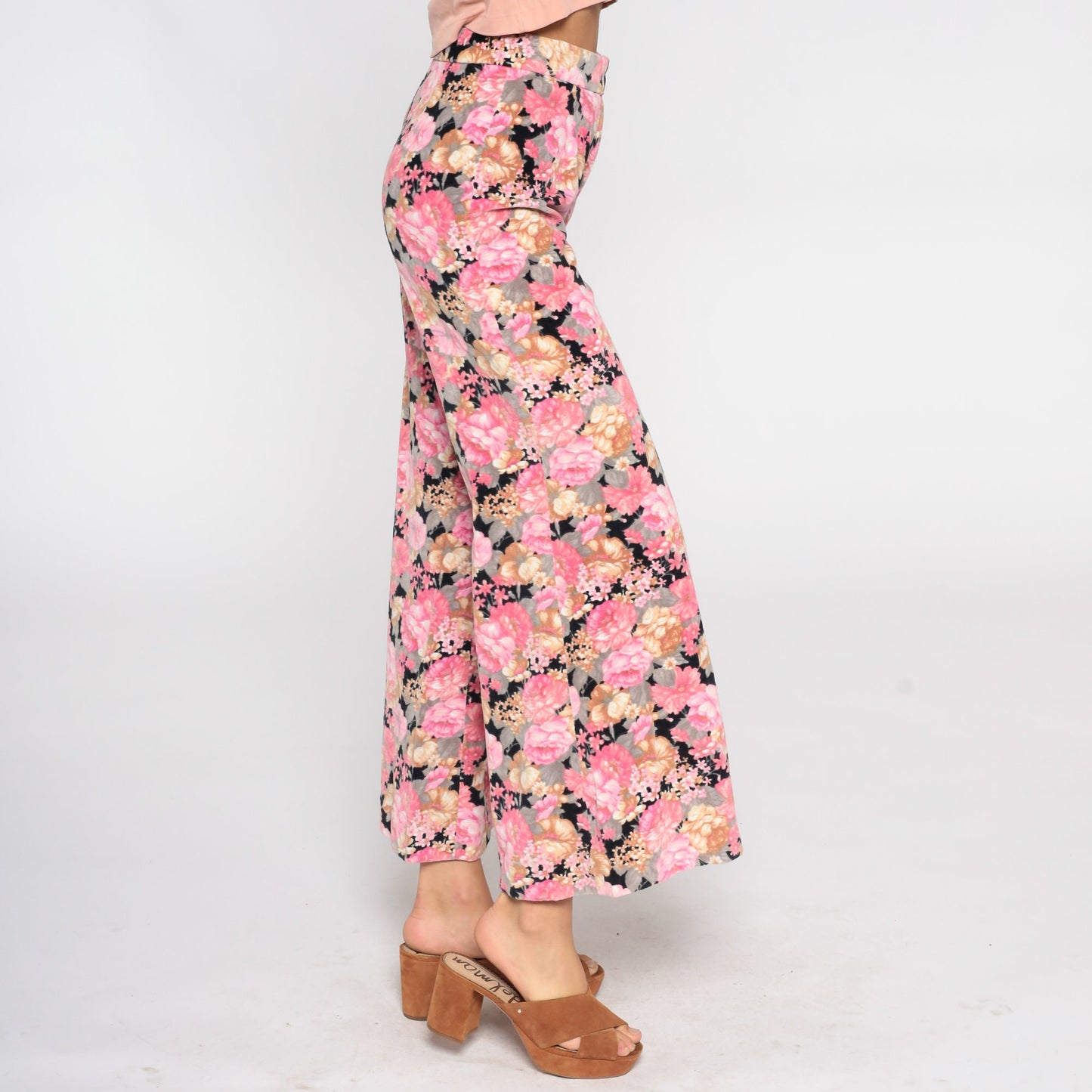 70s Floral Velvet Bell Bottom Pants Black Pink High Waisted Extra Small