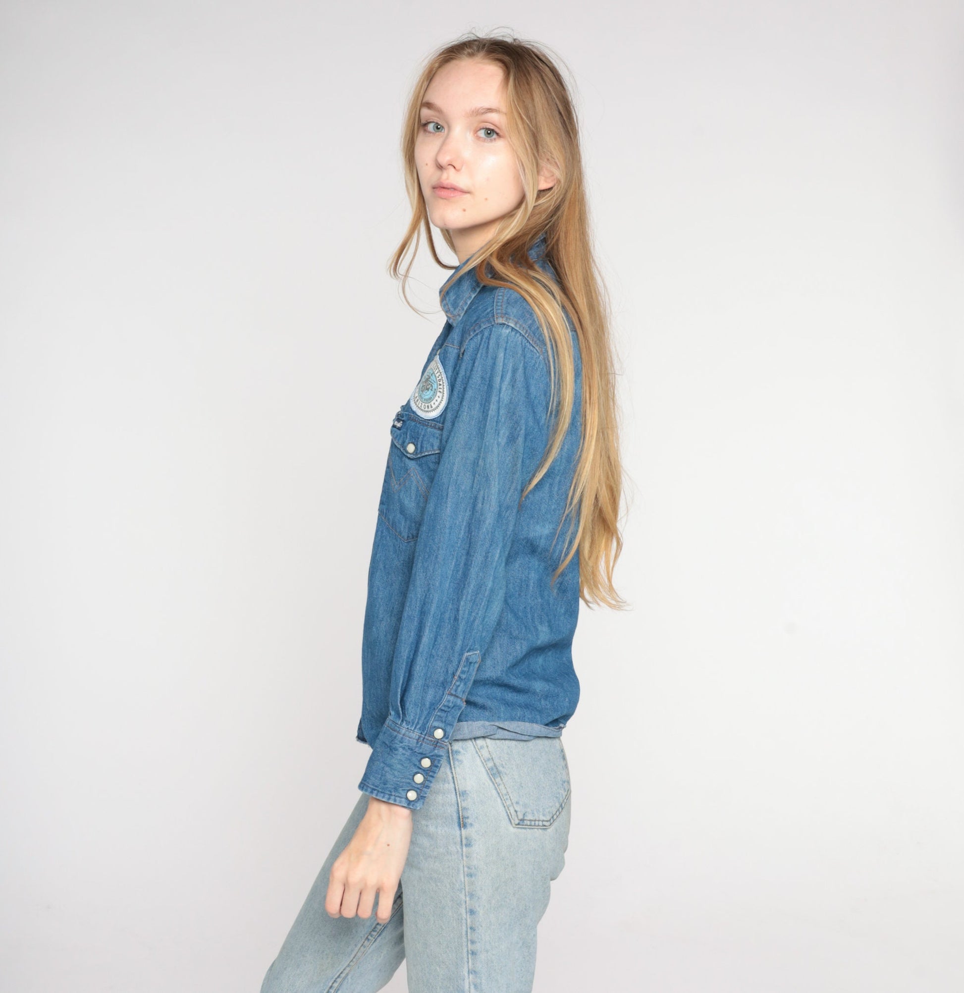 80s Wrangler Denim Pearl Snap Western Shirt Scottsdale Rodeo Patch Blue