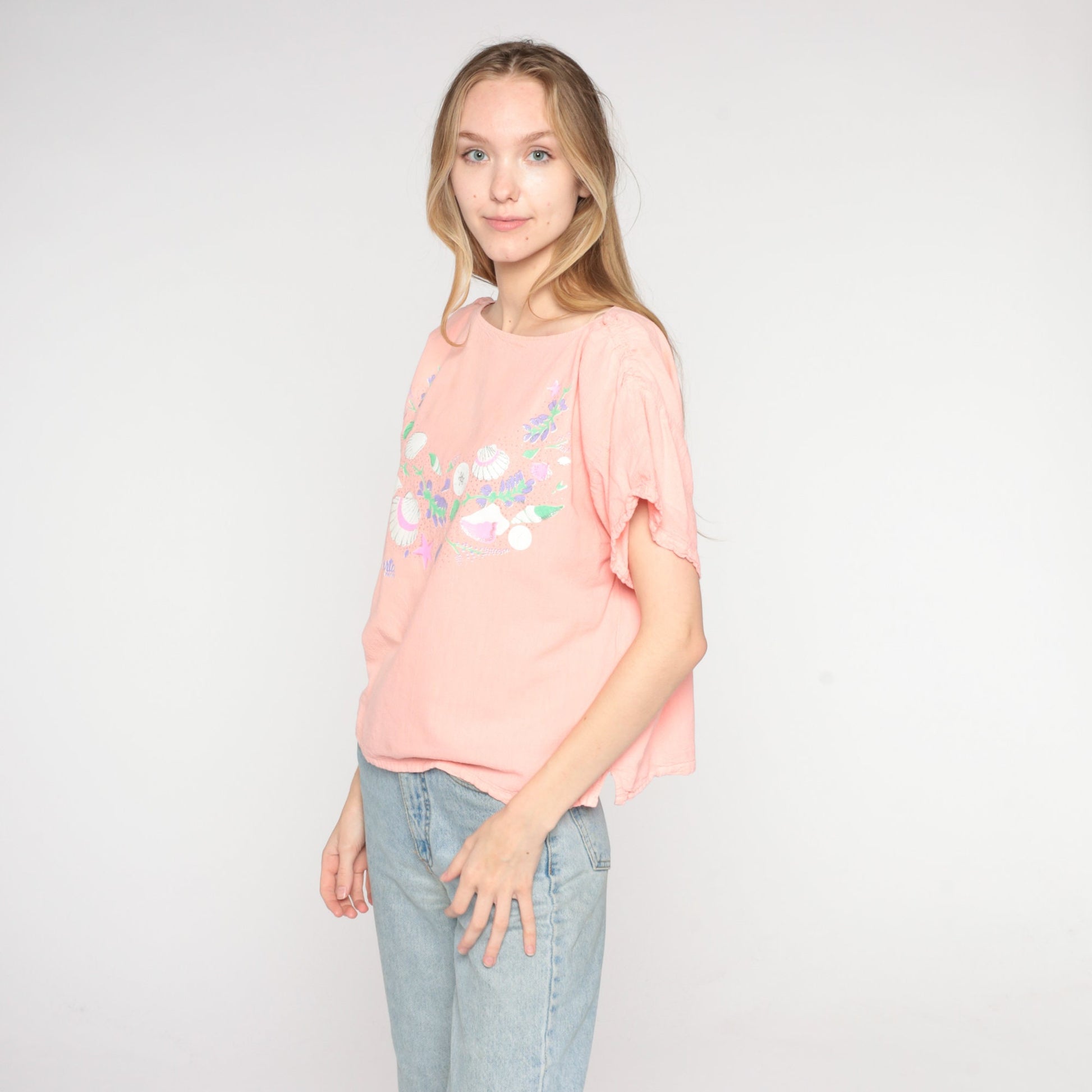 90s Puerto Vallarta Seashell Flower Print Pink Shirt Medium Large