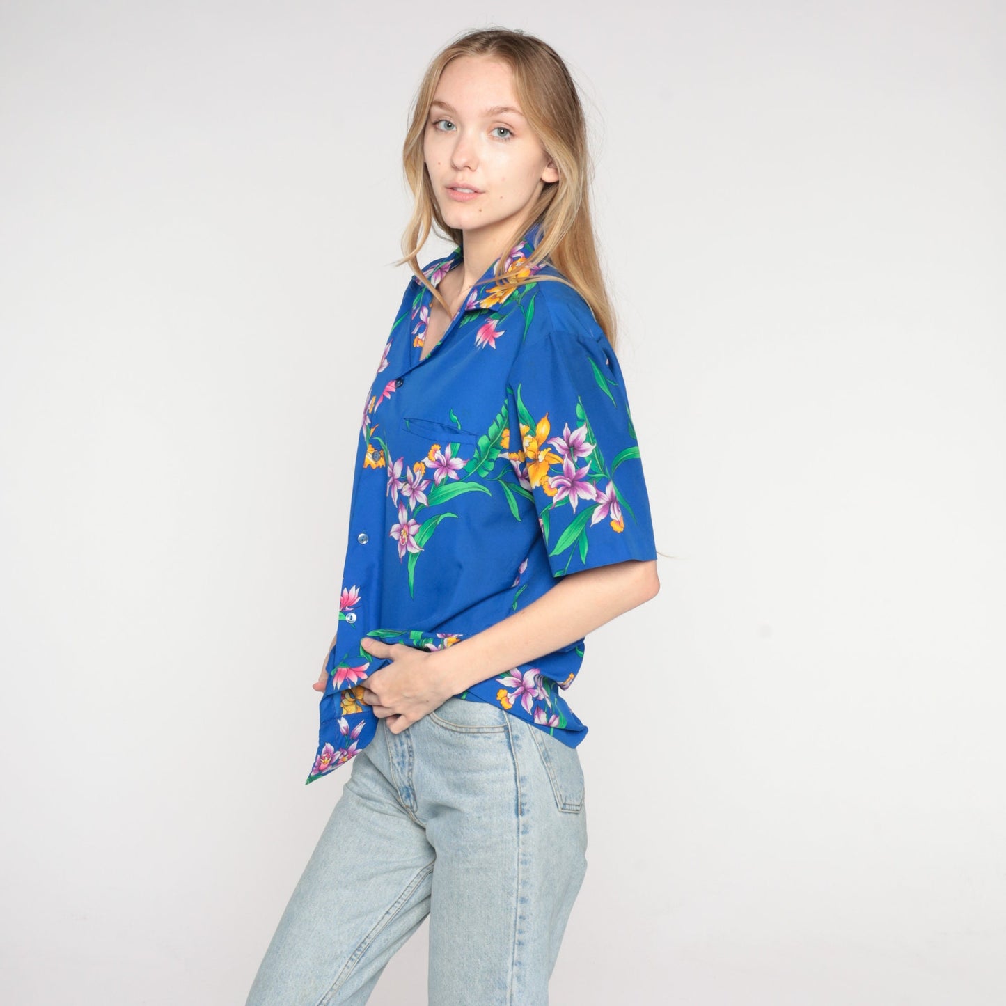80s Blue Tropical Floral Hawaiian Shirt Button Up Short Sleeve Medium