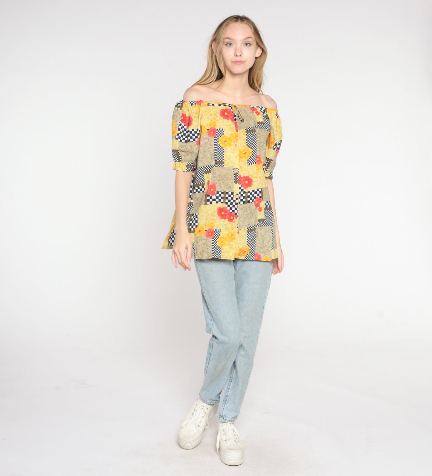 90s Floral Checkered Puff Sleeve Blouse Off-Shoulder Button-Front Yellow Medium