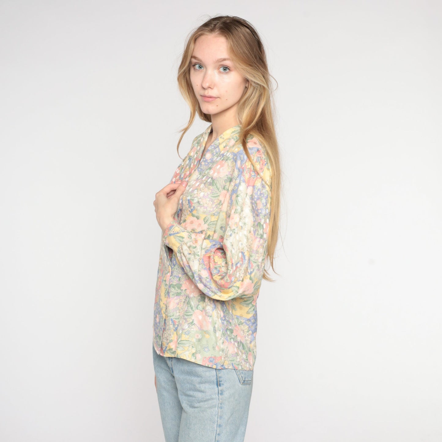 80s Floral Silk Wrap Blouse V-Neck Double Breasted Long Sleeve Small