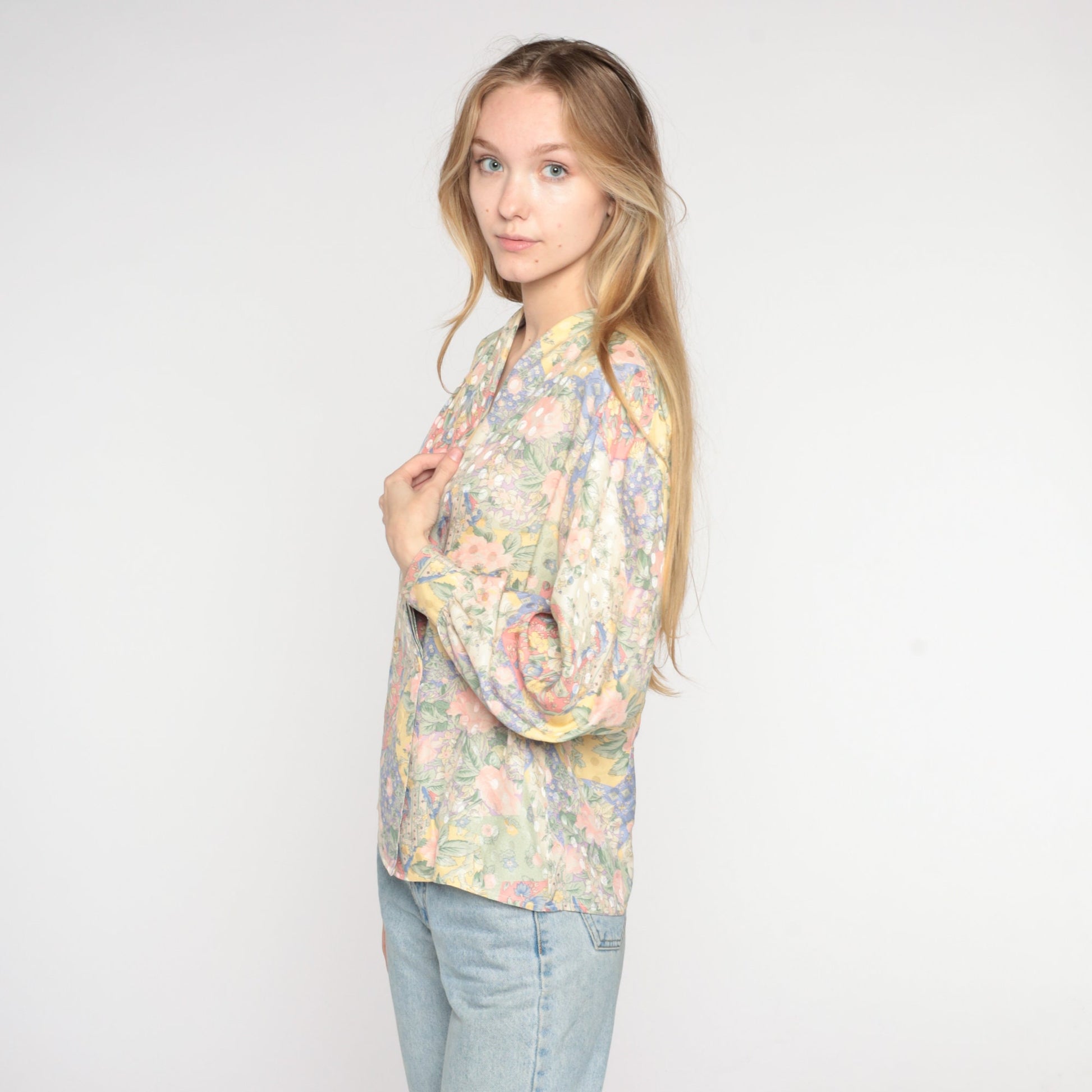 80s Floral Silk Wrap Blouse V-Neck Double Breasted Long Sleeve Small
