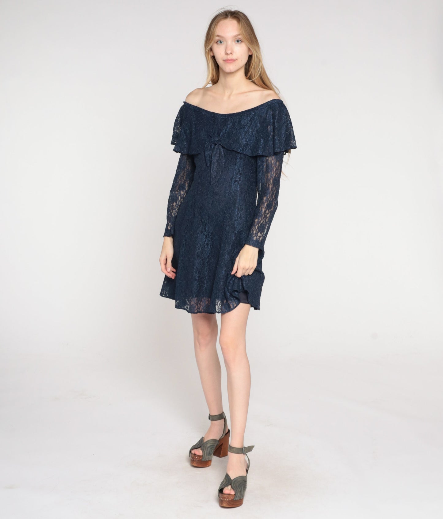 90s Navy Floral Lace Mini Dress Off-Shoulder Long Sleeve Small S