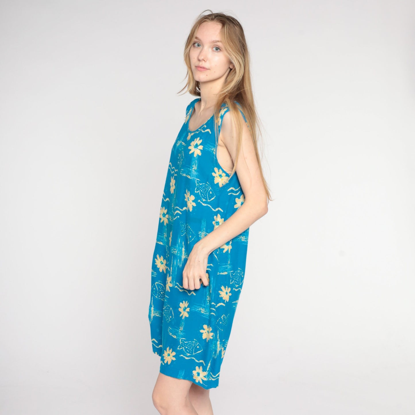 90s Blue Tropical Fish Floral Mini Dress Sleeveless Shift Medium