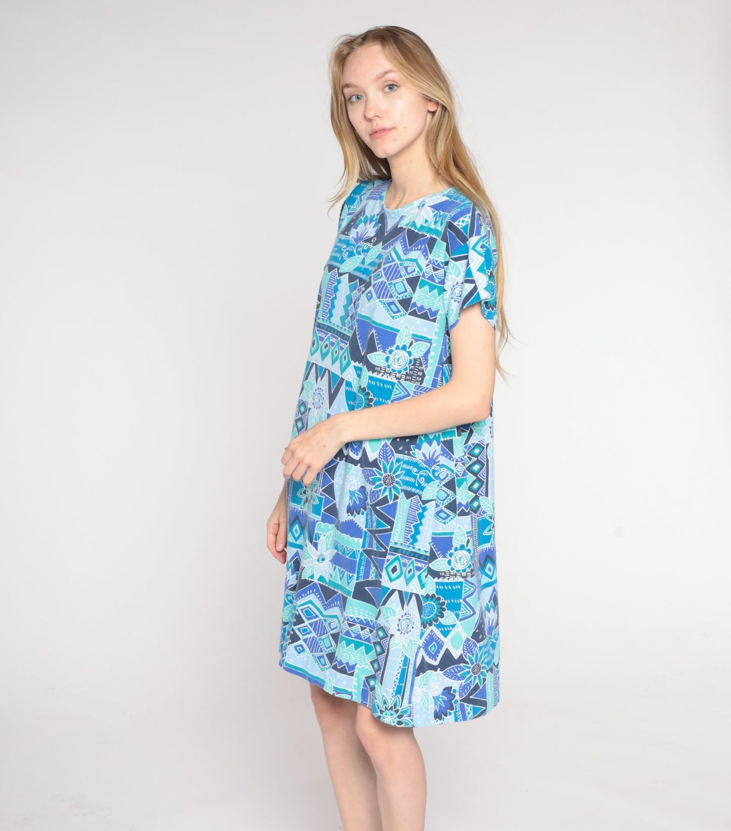 90s Blue Geometric Floral Mini Dress Short Sleeve Shift Dress Large