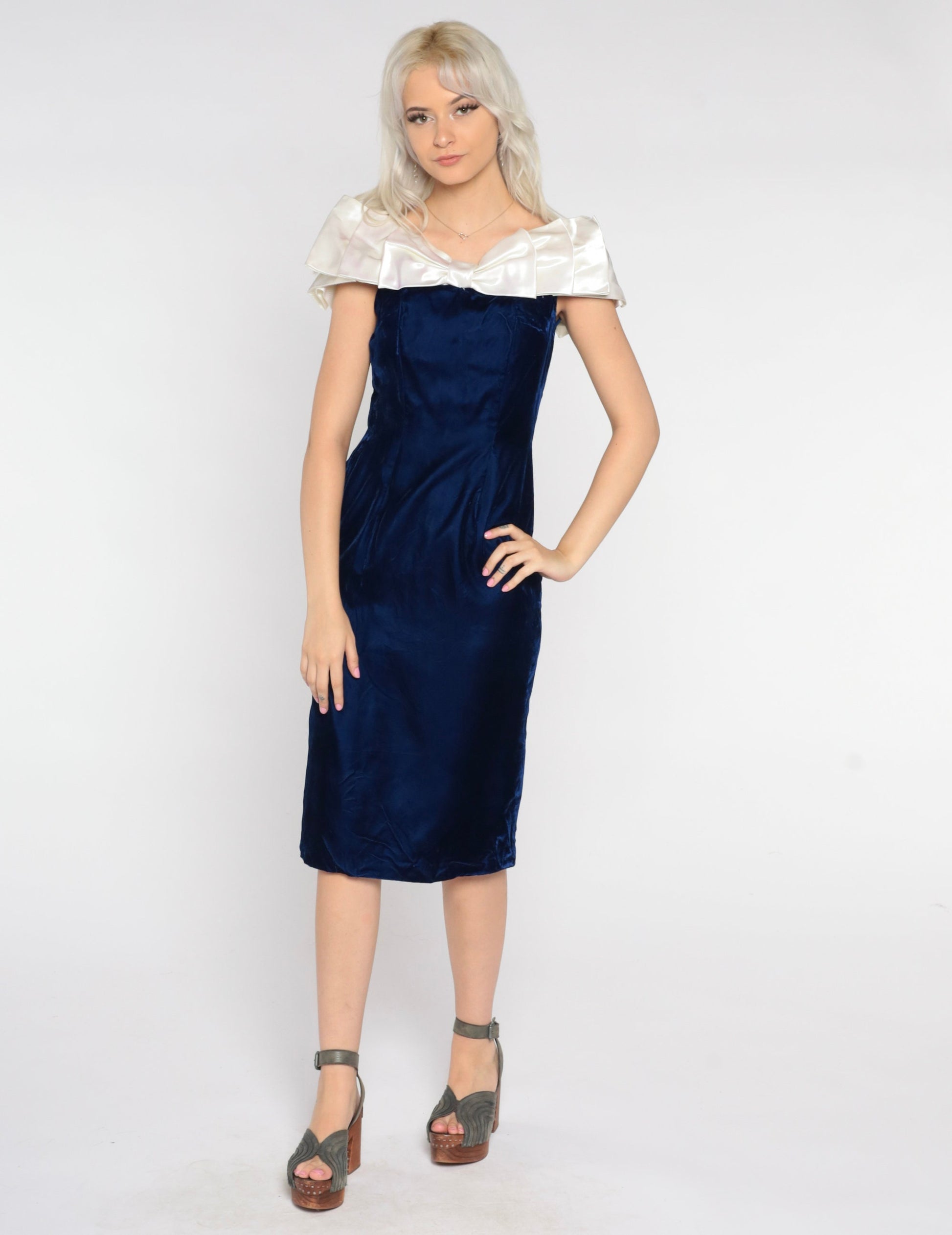 80s Blue Velvet Midi Dress Off-Shoulder Bow Pencil Small S
