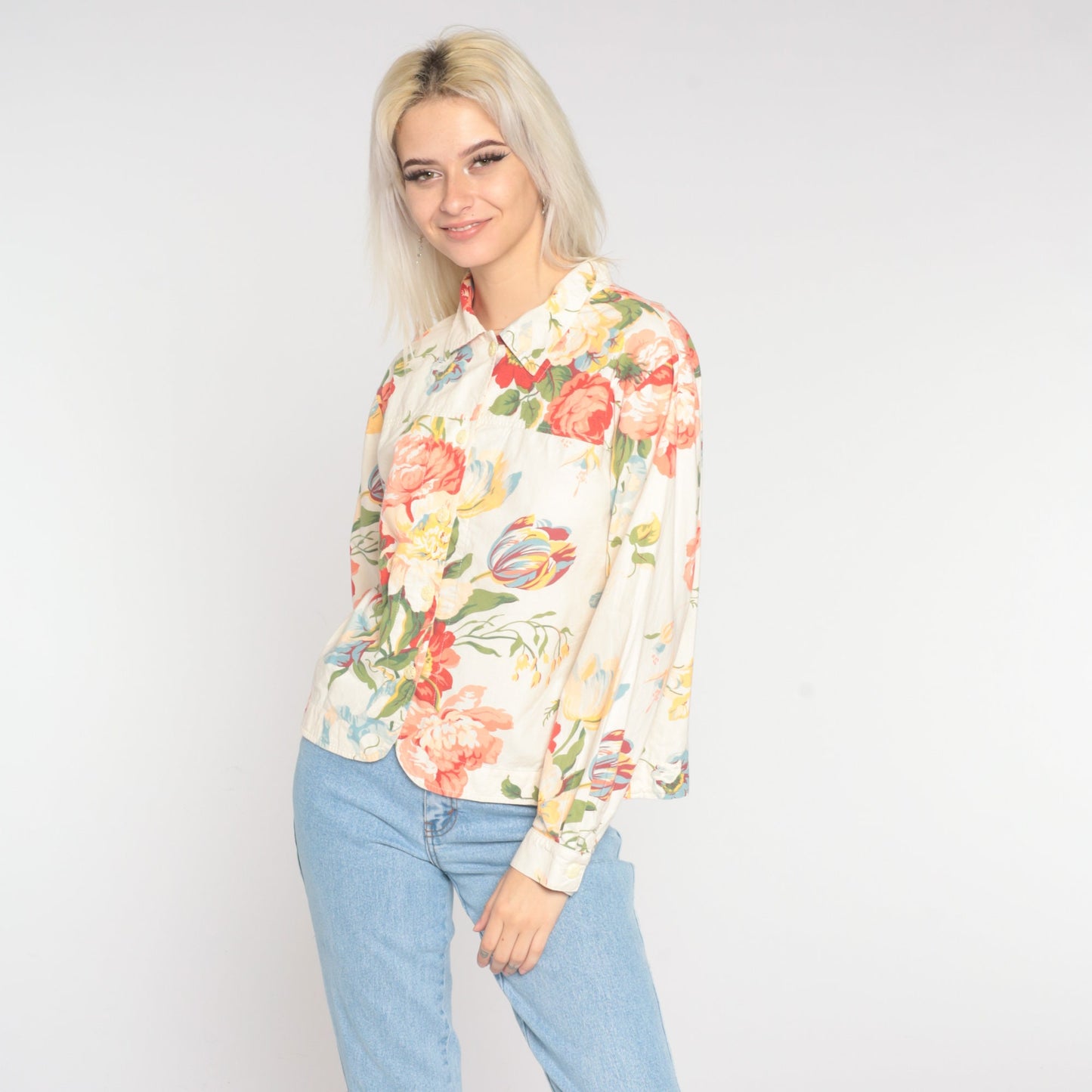 00s Coldwater Creek Floral Button-Up Blouse Cream Long Sleeve Medium Petite
