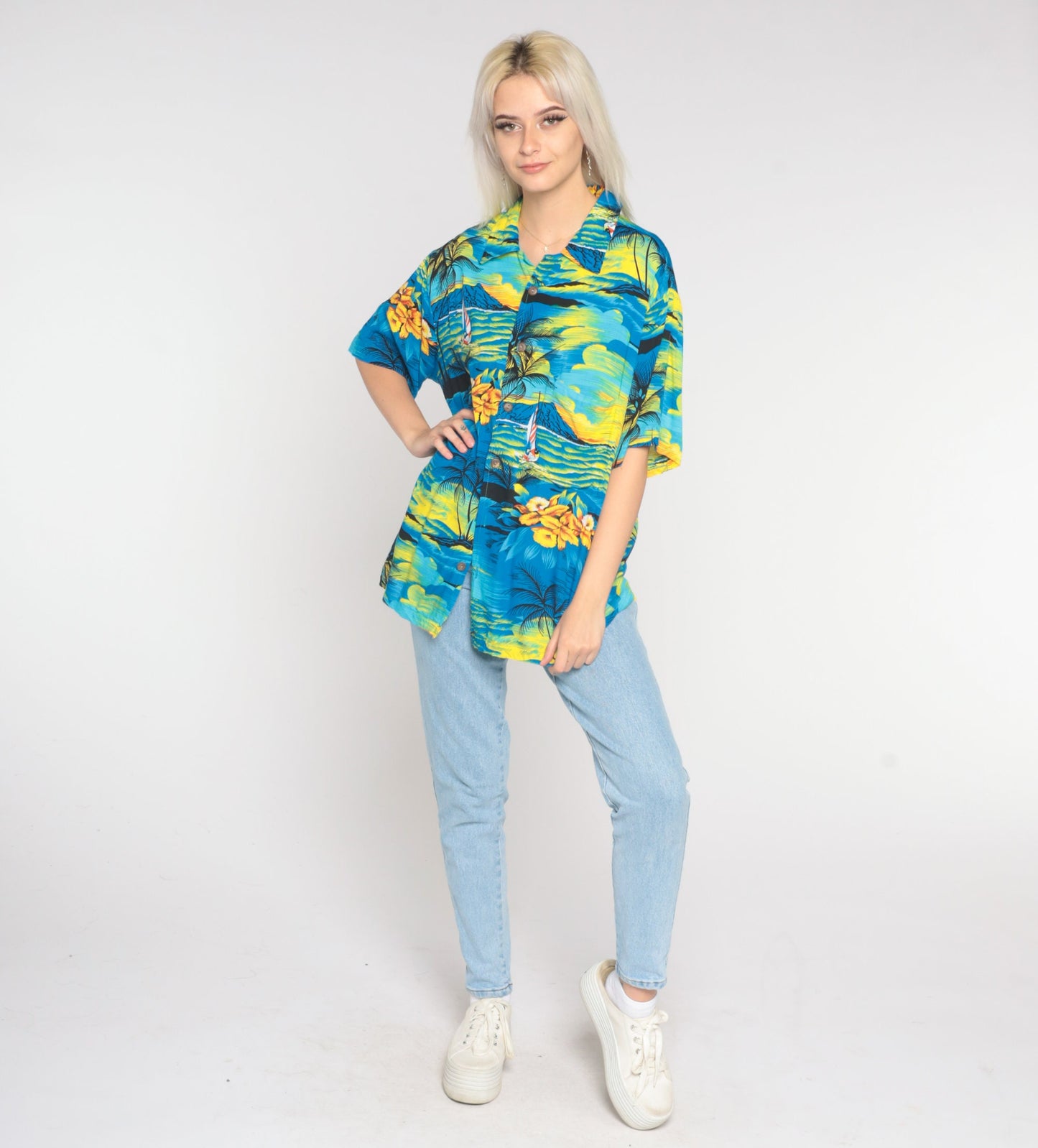 Y2K Tropical Sailboat Hawaiian Shirt Blue Palm Tree Button Up Extra Large