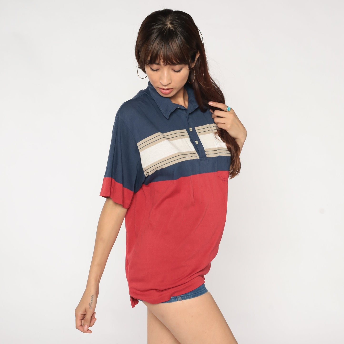 90s Polo Shirt Navy Red Tan Striped Color Block Chest Pocket Men's Large L