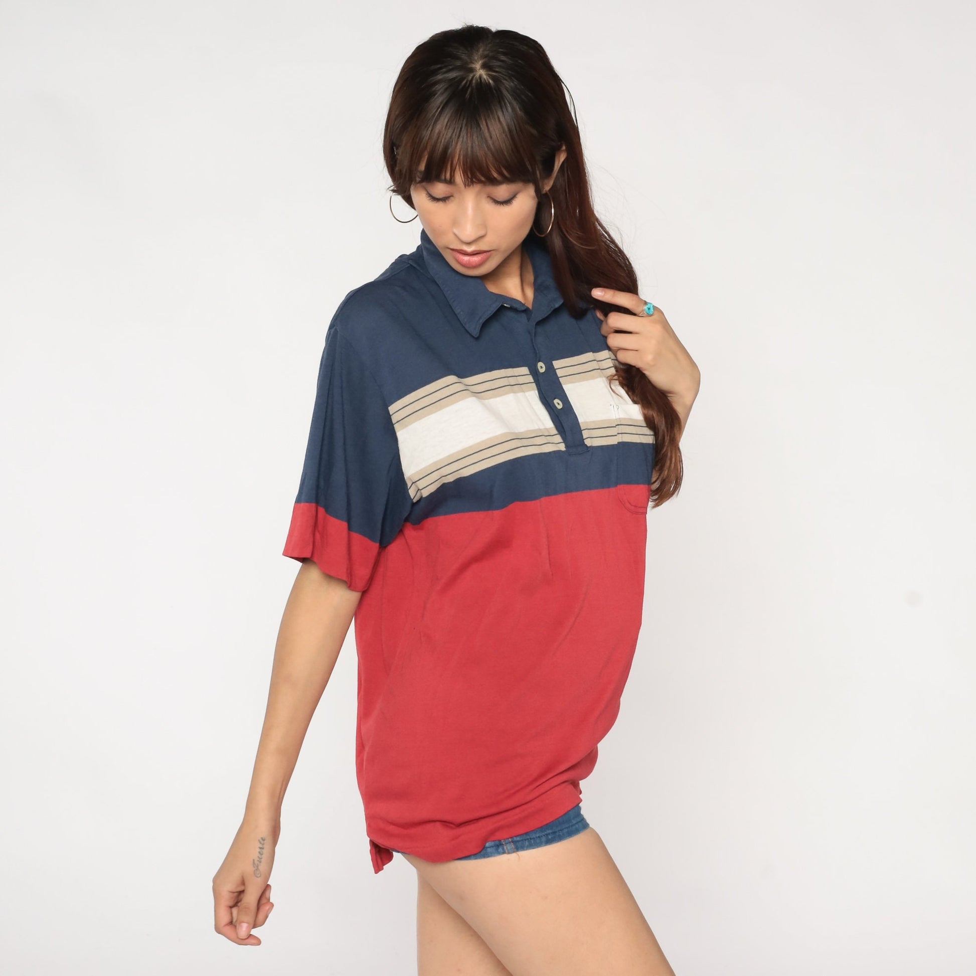 90s Polo Shirt Navy Red Tan Striped Color Block Chest Pocket Men's Large L