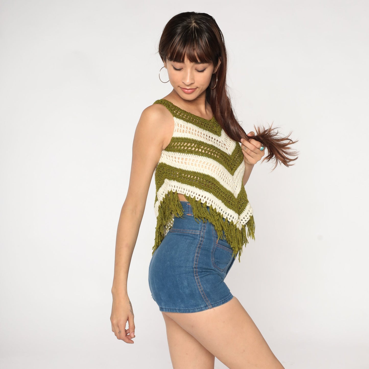 70s Striped Knit Tank Top Green Cream Fringe Sleeveless XXS