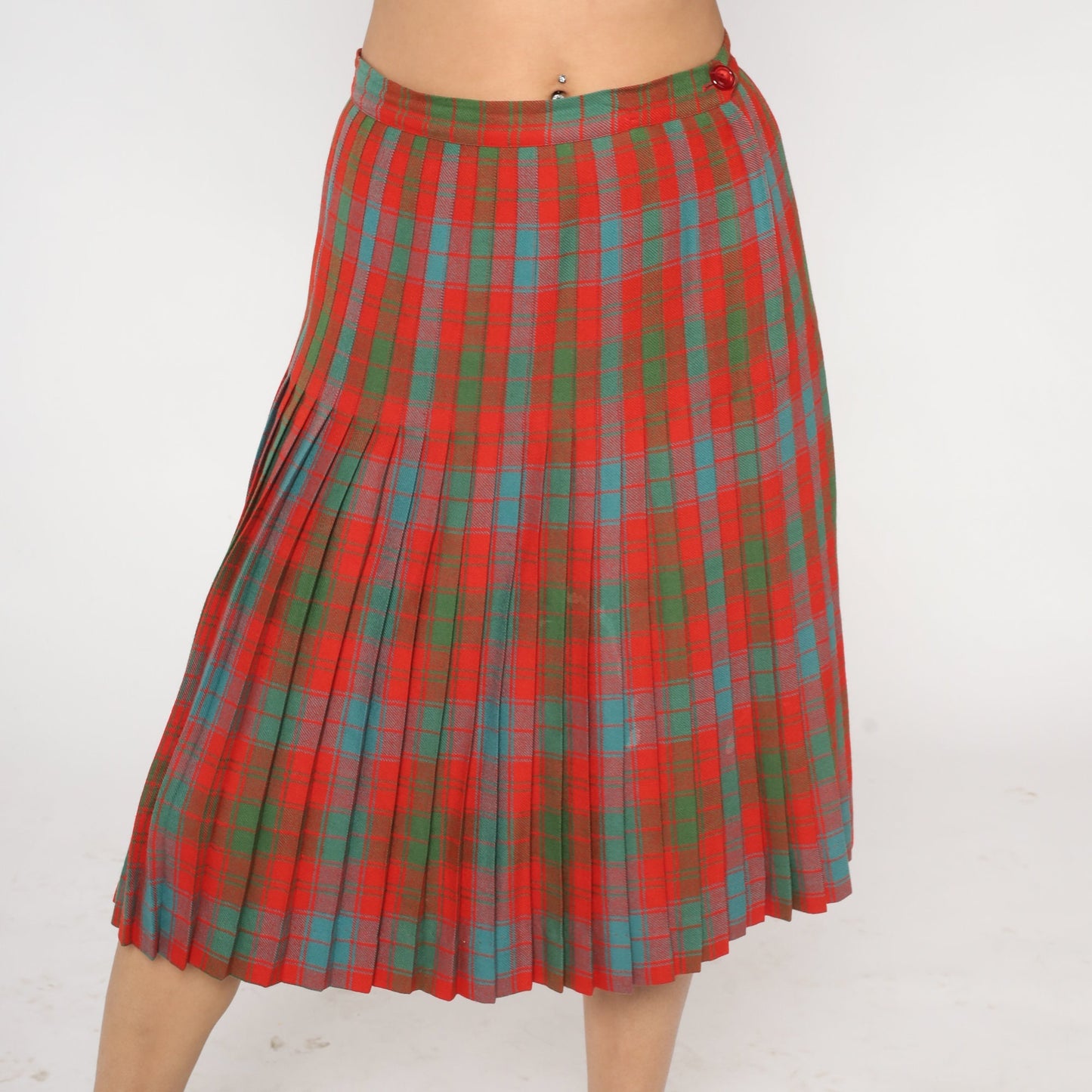 60s Plaid Wool Midi Skirt High Waist Pleated Tartan Red Blue Green Medium