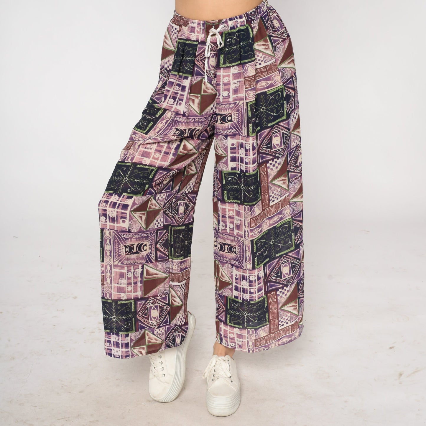 90s Patchwork Abstract Print Wide Leg Pants Purple Drawstring Waist Small