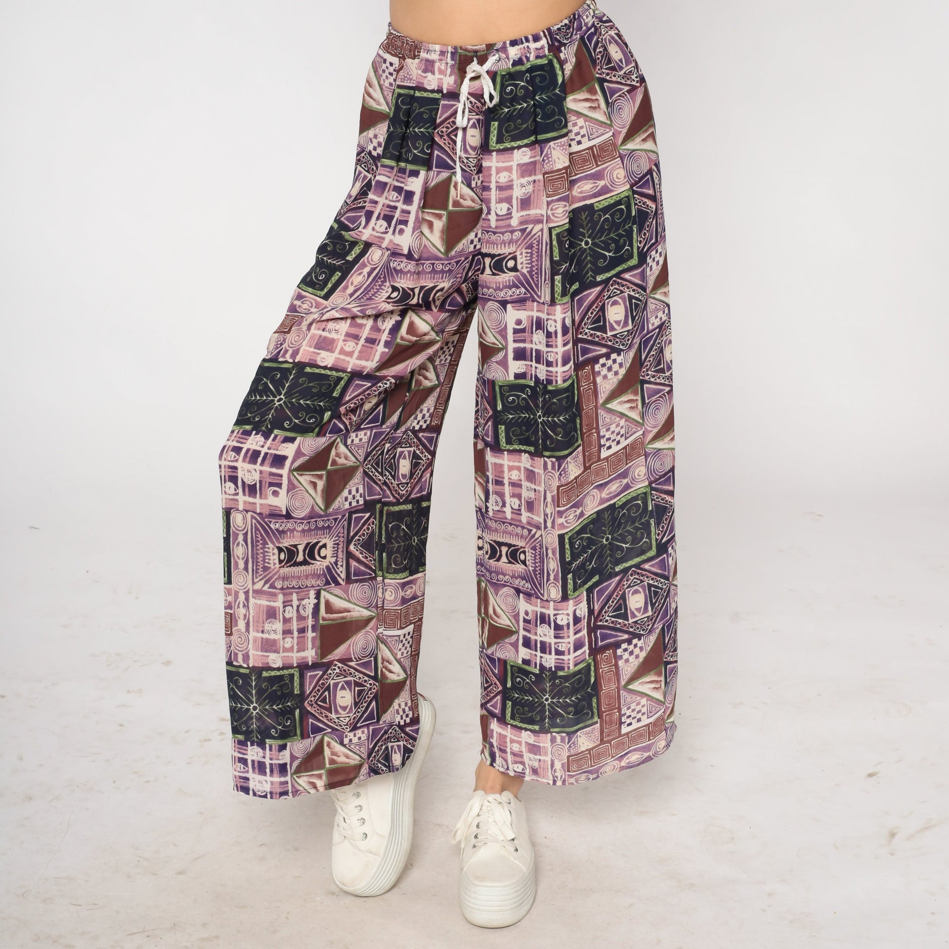 90s Patchwork Abstract Print Wide Leg Pants Purple Drawstring Waist Small