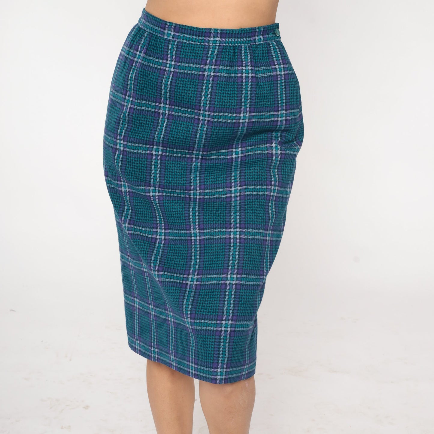 Pendleton Wool Plaid Midi Skirt 80s Blue High Waist Pencil Medium