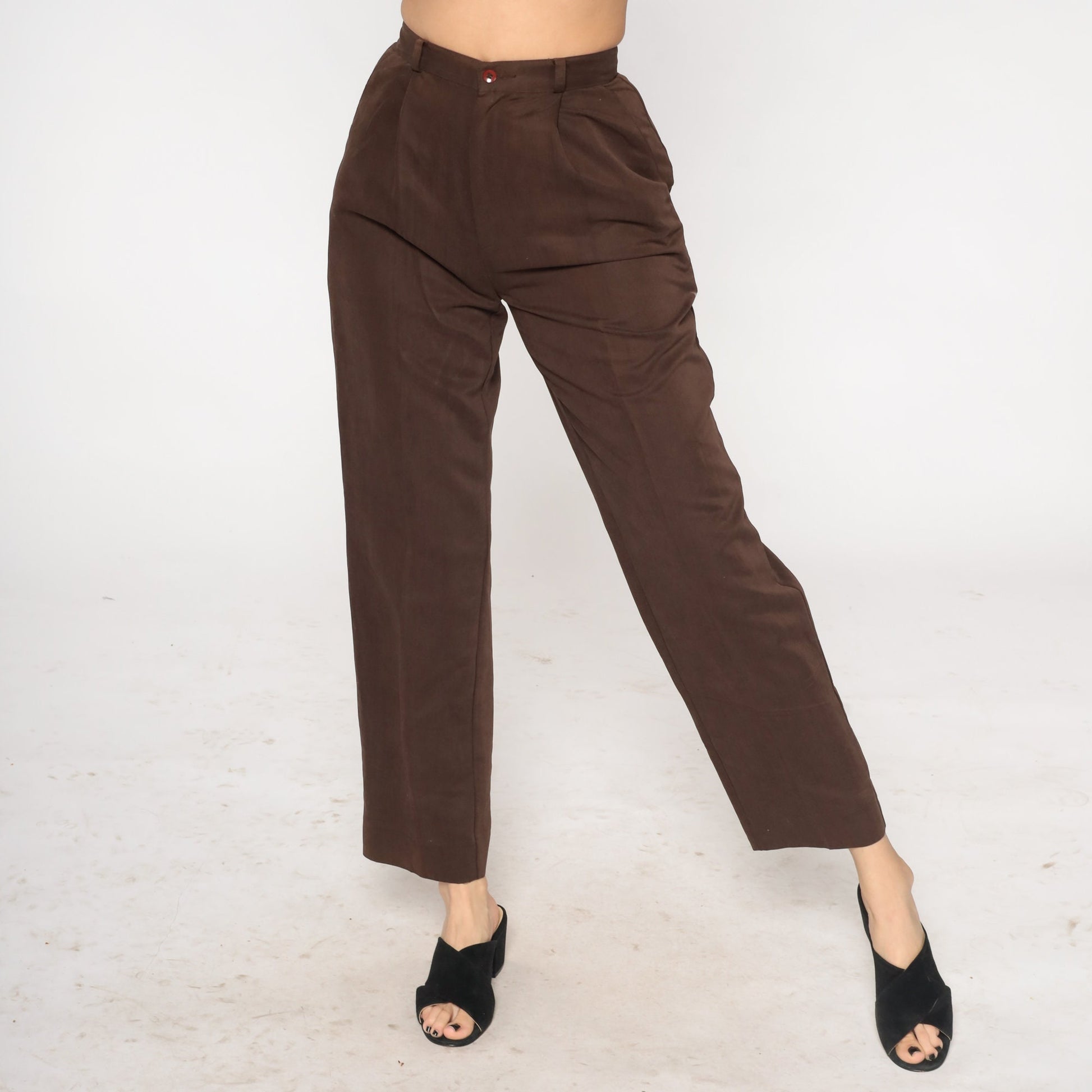 90s Brown High-Waist Straight Leg Trousers Creased Pleated Small 4