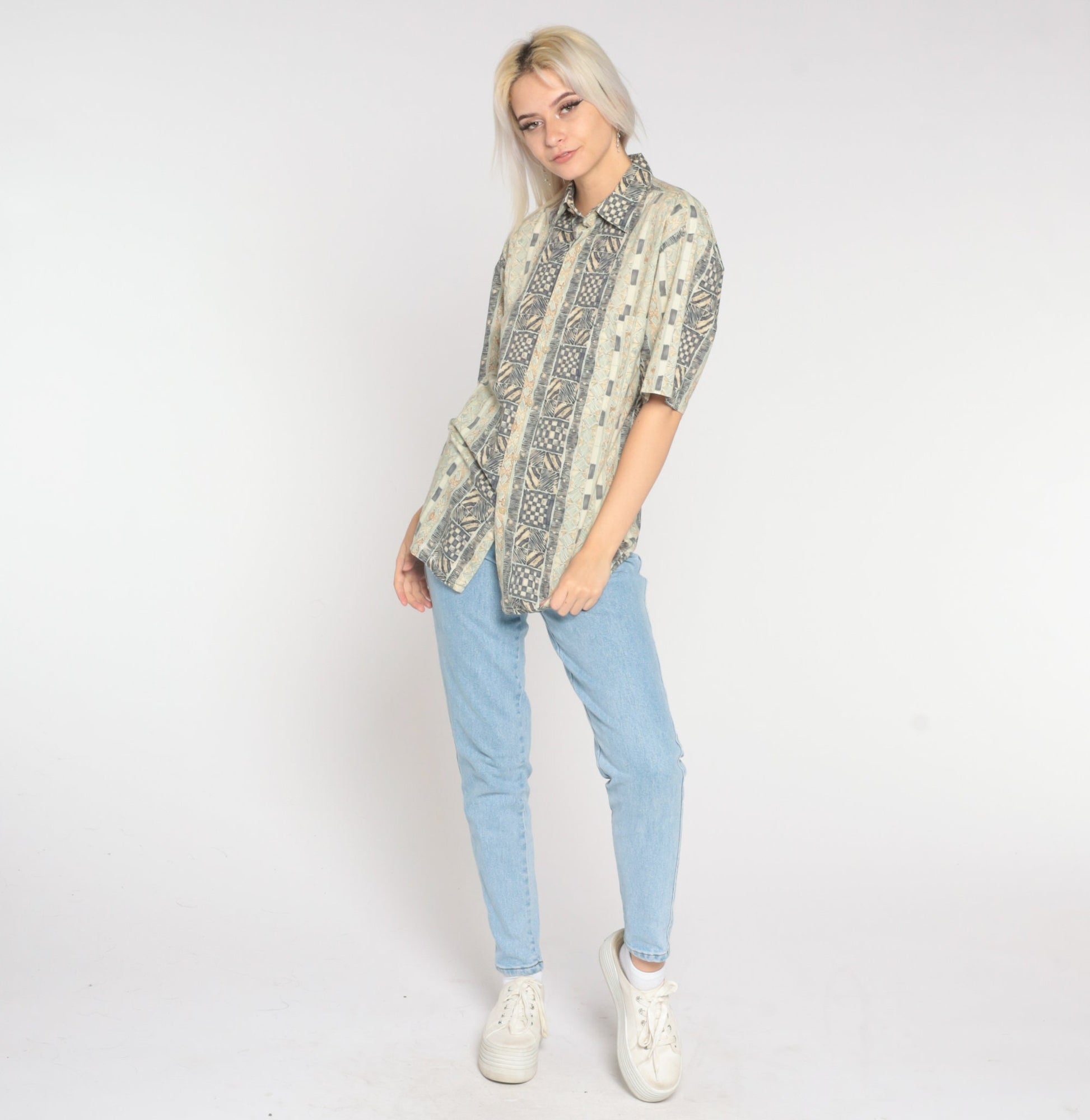 90s Geometric Zebra Print Button-Up Blouse Brown Beige Cotton Medium