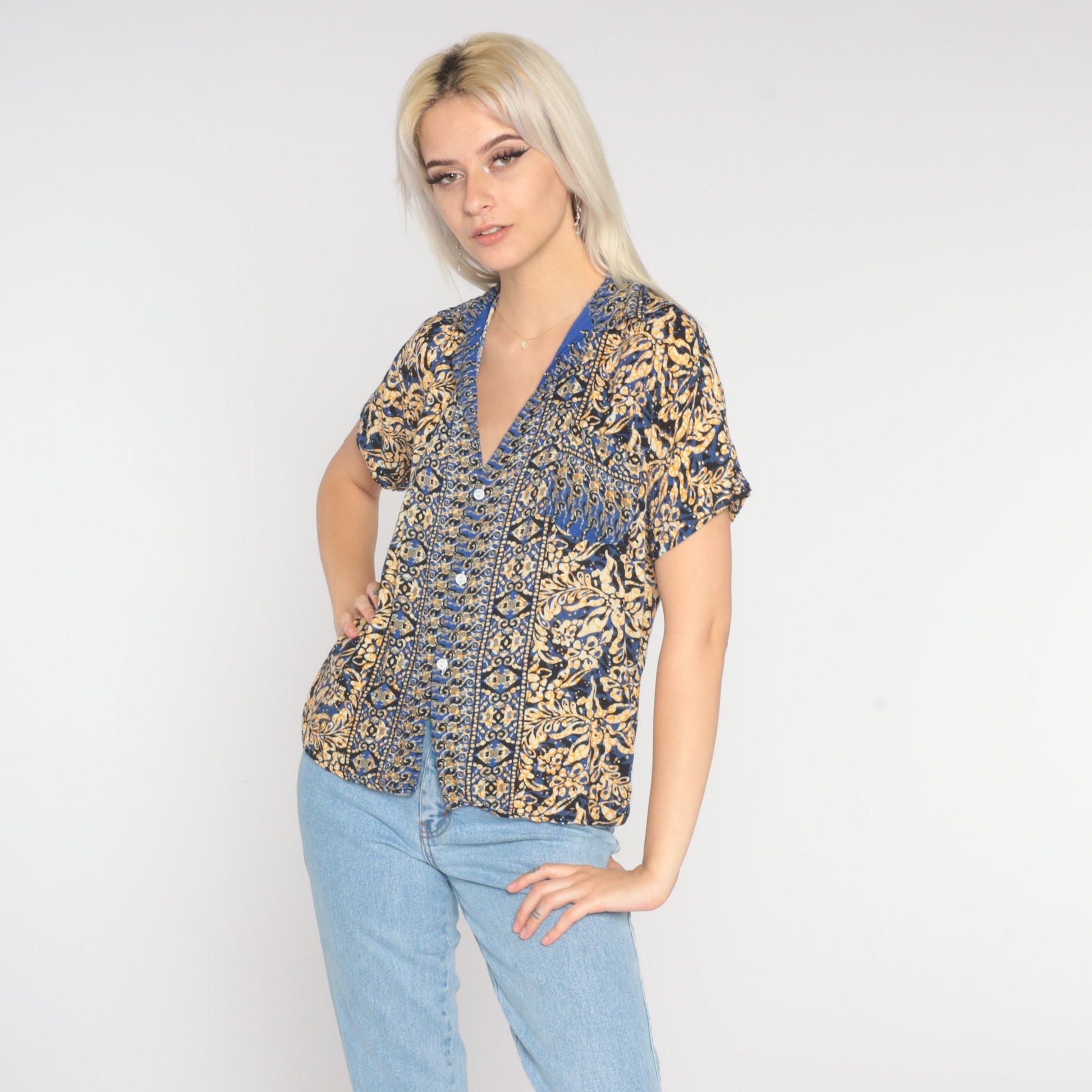 90s Batik Floral Button-Up Blouse Blue Yellow Short Sleeve Small
