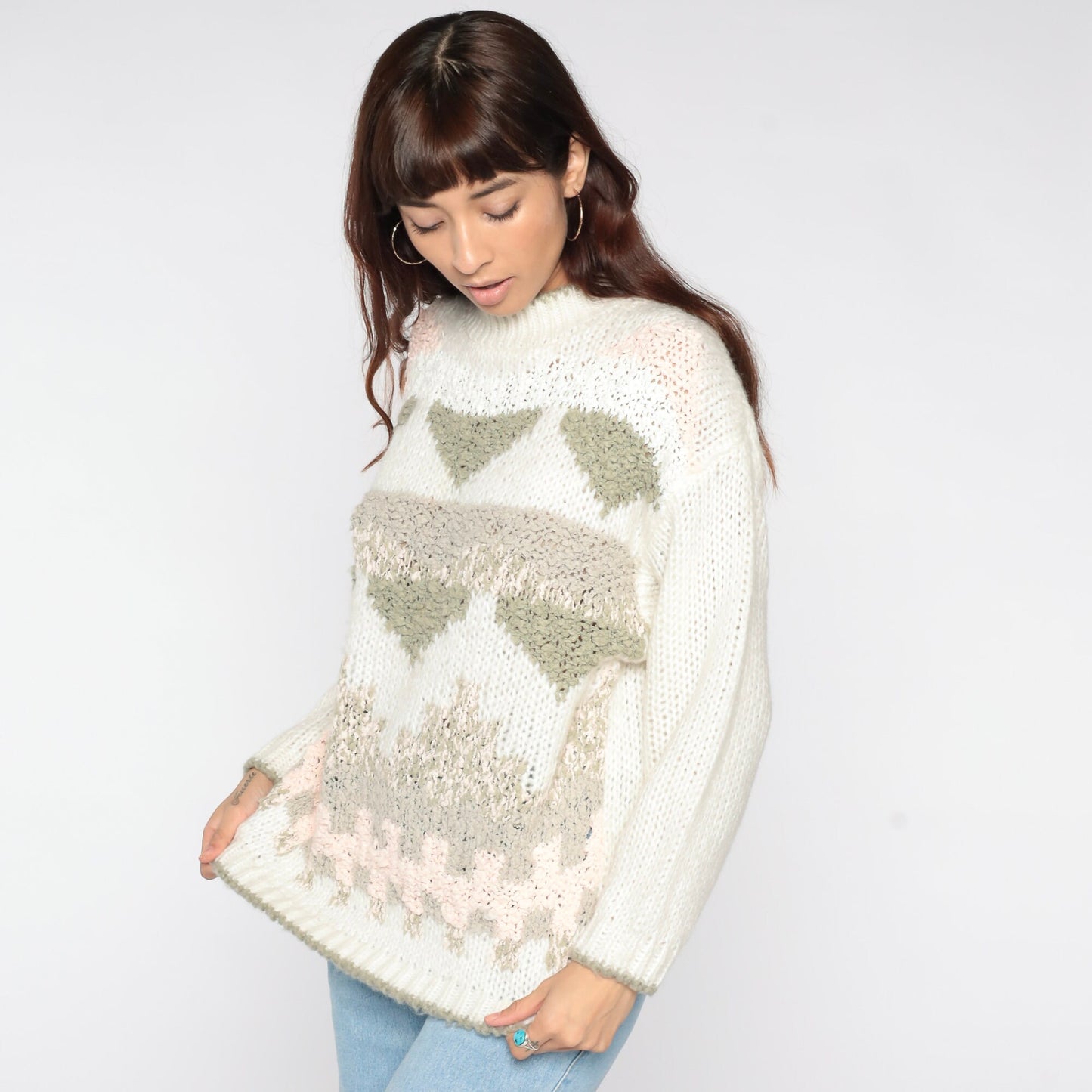80s Geometric Mock Neck Sweater White Knit Pullover Small S