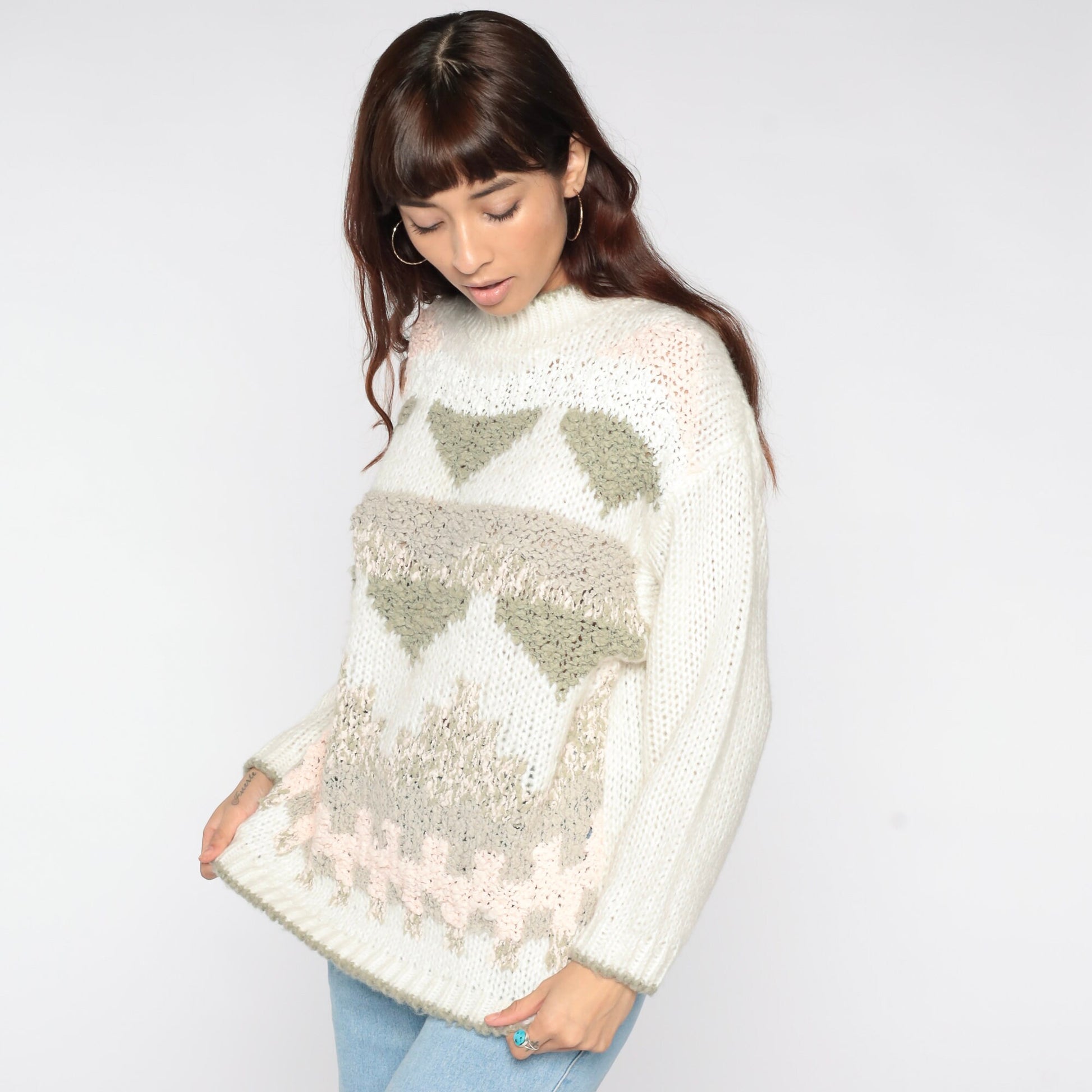 80s Geometric Mock Neck Sweater White Knit Pullover Small S