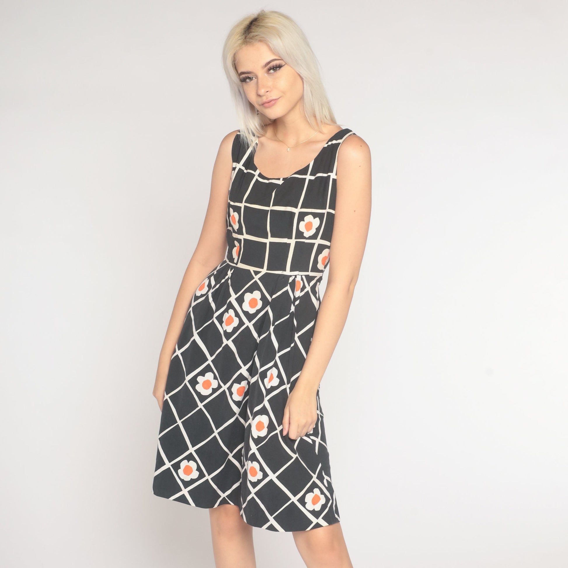 60s Black White Checkered Floral Mini Dress Sleeveless A-Line Extra Small