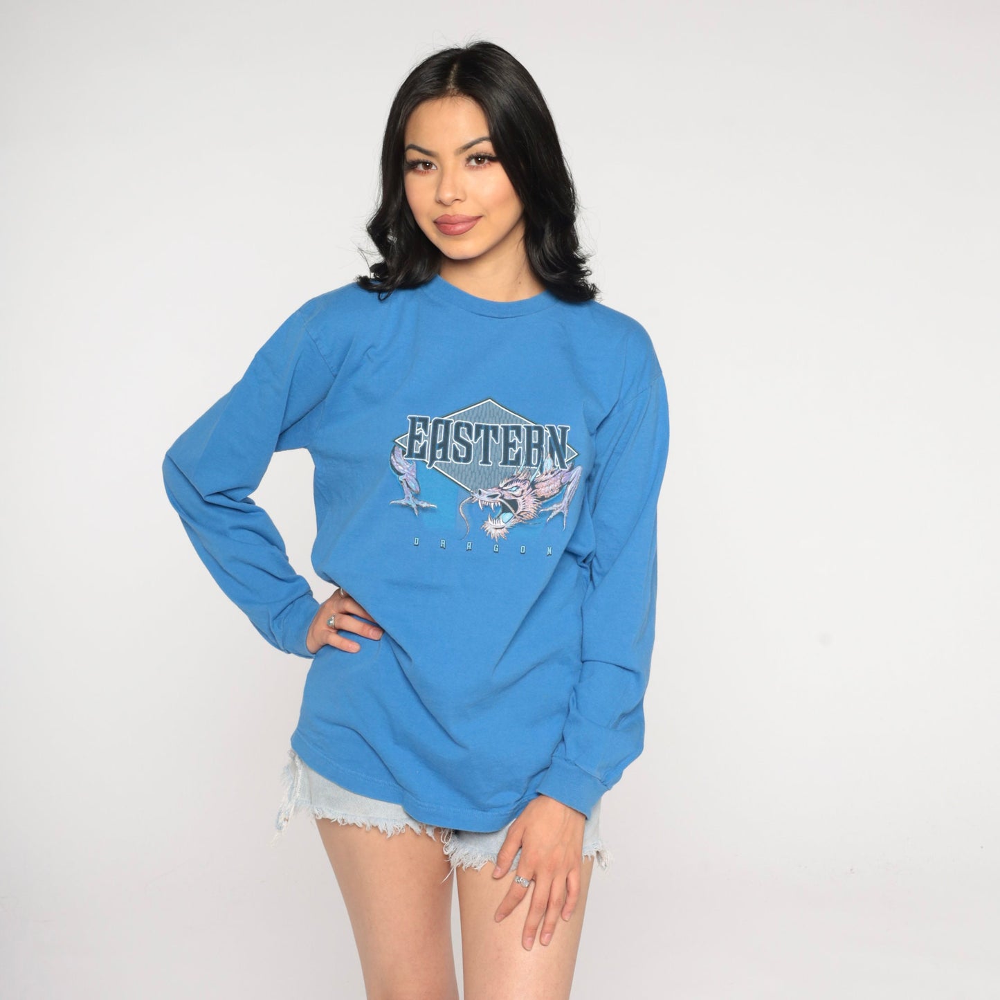 Y2K Eastern Dragon Long Sleeve Graphic Tee Blue Small