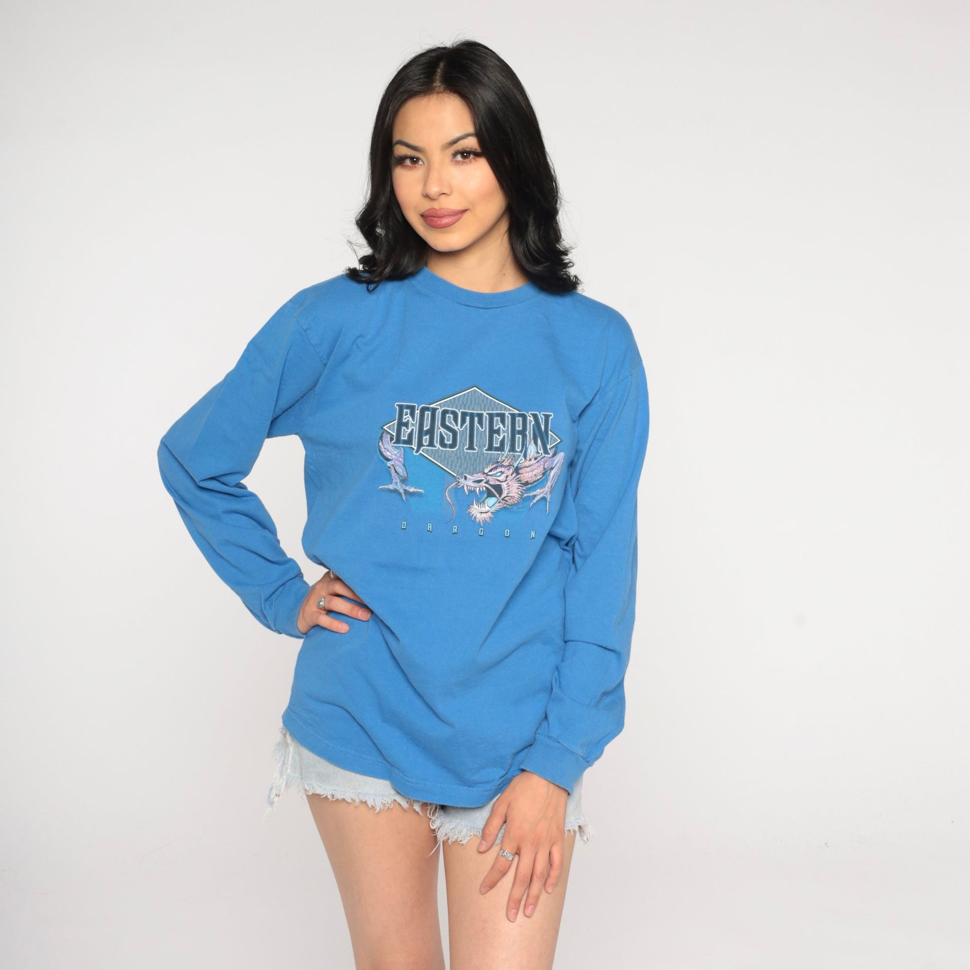 Y2K Eastern Dragon Long Sleeve Graphic Tee Blue Small