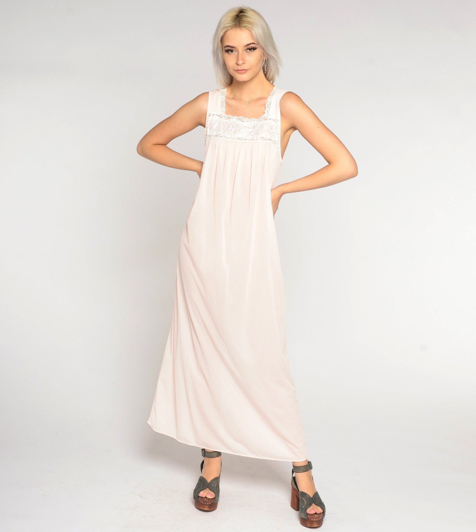90s Light Pink Nylon Maxi Nightgown Lace Bib Sleeveless Small