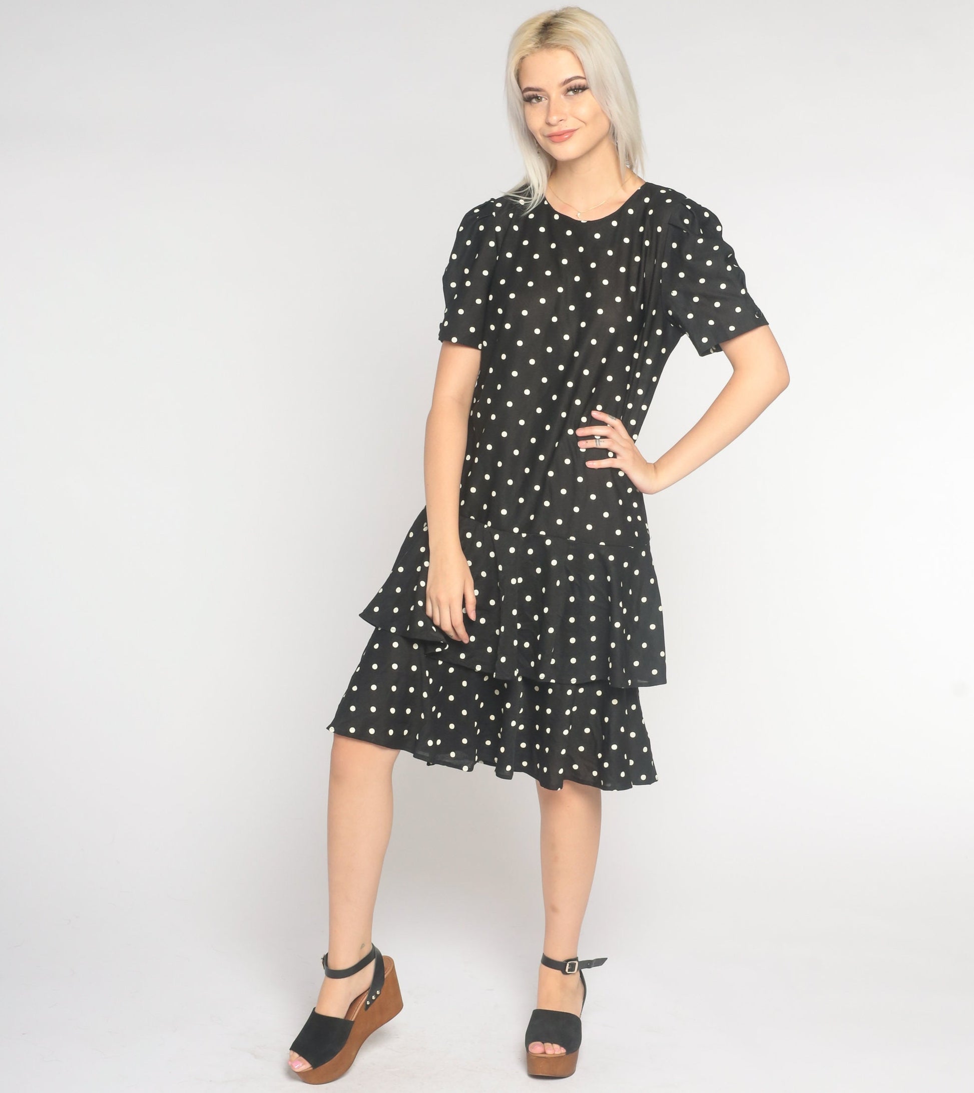 80s Black Polka Dot Tiered Dress Puff Sleeve Knee Length Large