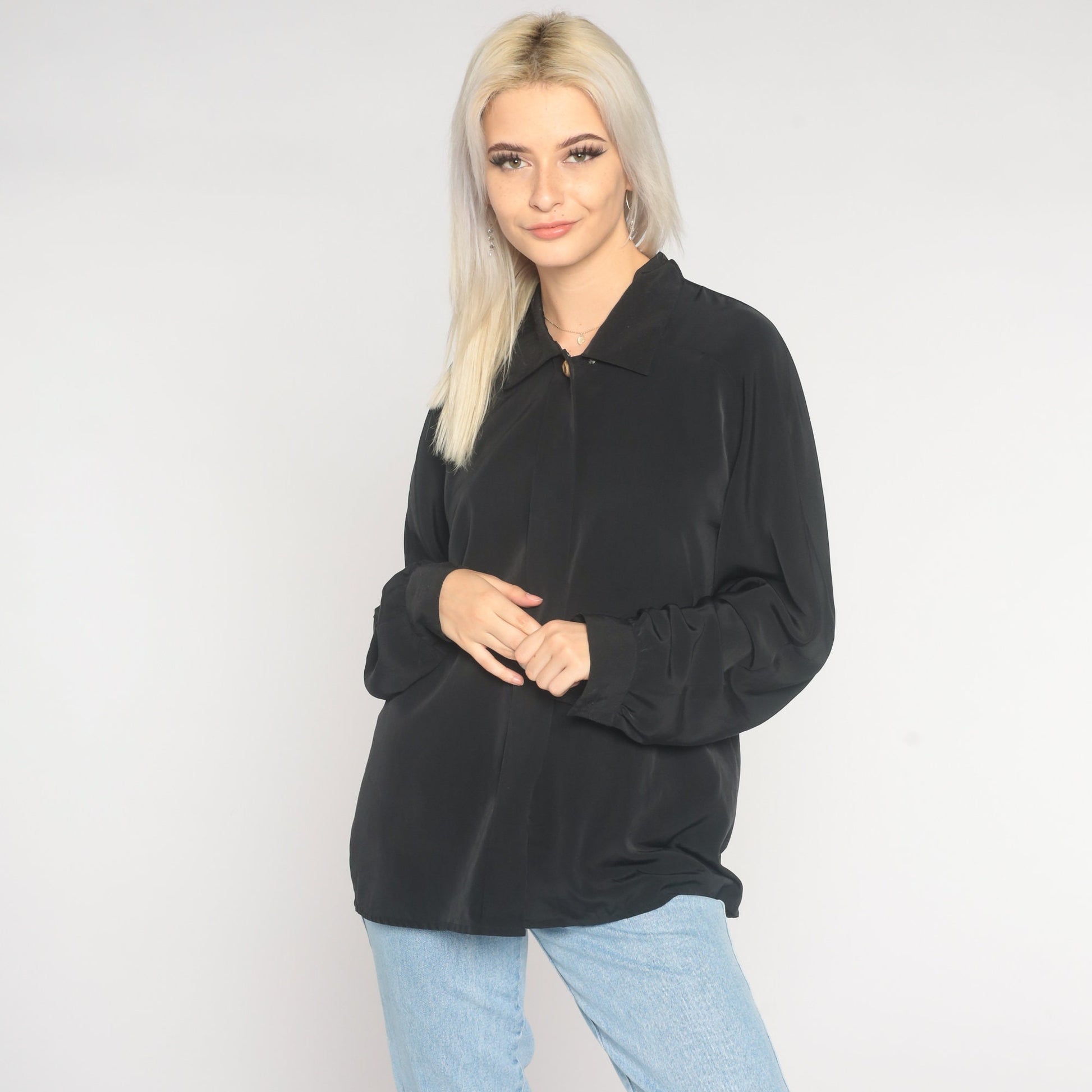 90s Black Button-Up Blouse Long Sleeve Hidden Buttons Large 12