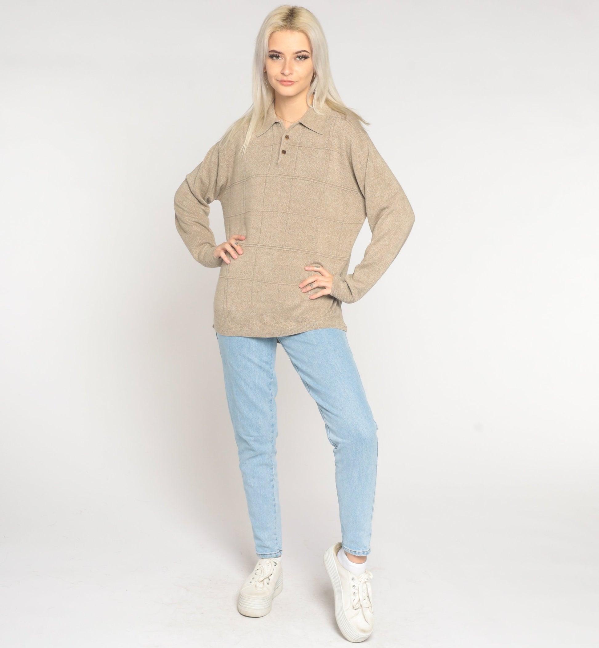 Y2K Geoffrey Beene Tan Knit Polo Shirt Long Sleeve Collared Medium M