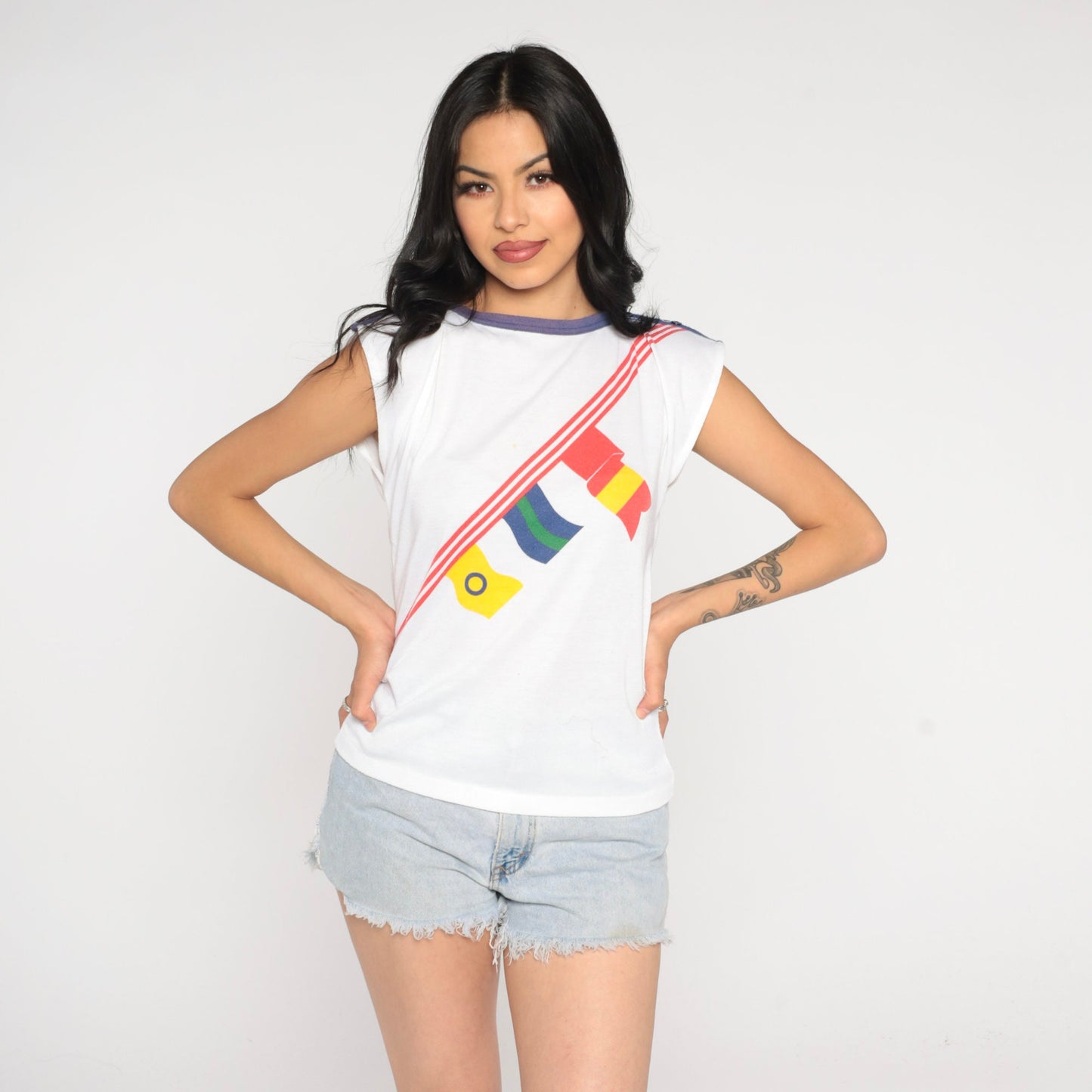 80s Nautical Flag Cap Sleeve T-Shirt Blue Trim Graphic Tee Small