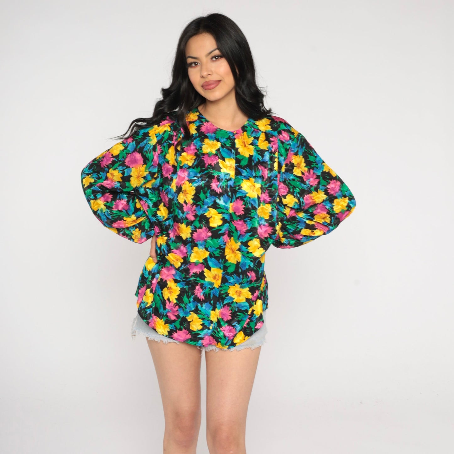 90s Black Floral Blouse Hidden Button Long Sleeve Shirt Large L