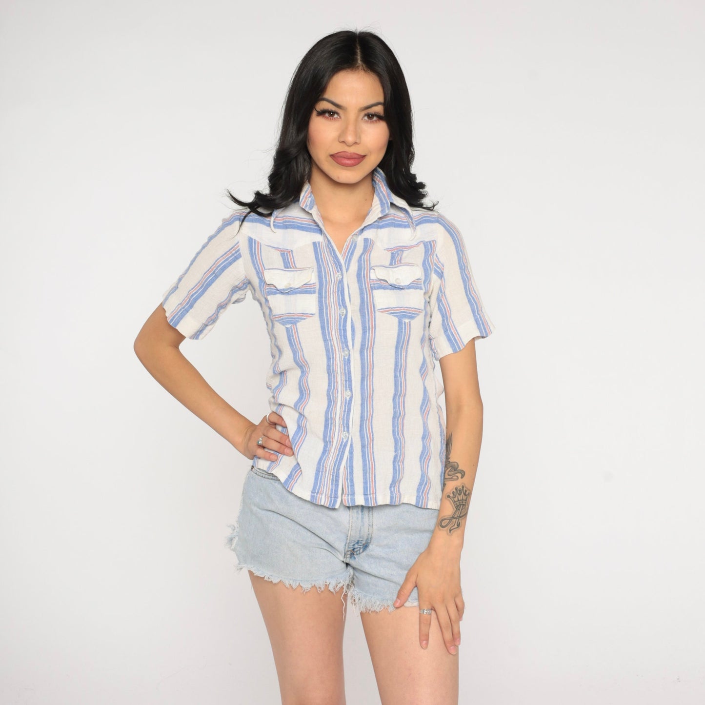 90s Striped Cotton Gauze Button Up Blouse Blue White Short Sleeve Extra Small