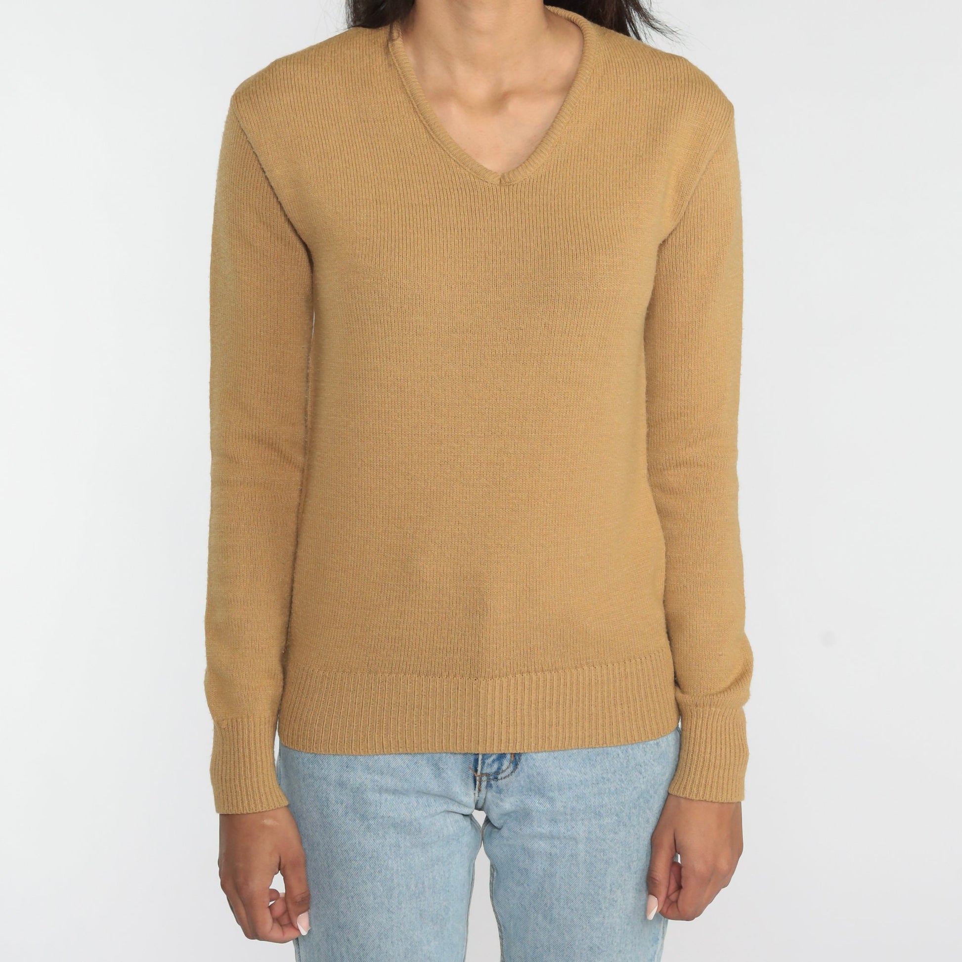 70s Tan V-Neck Pullover Sweater Knit Acrylic Small