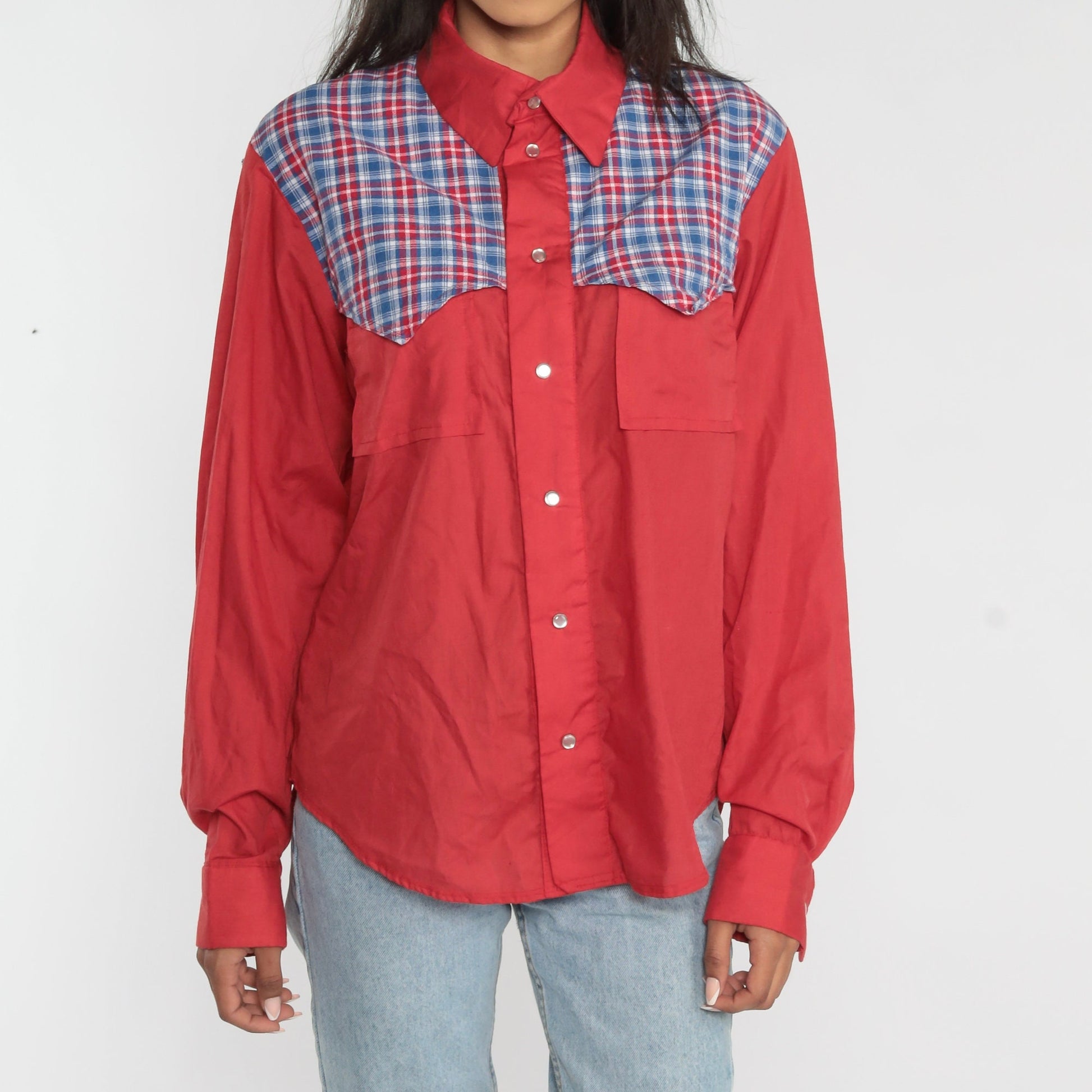 90s Red Plaid Pearl Snap Western Shirt Men's Large